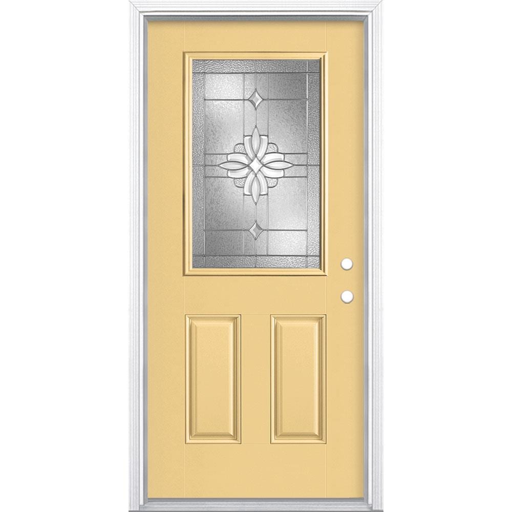 Masonite 997079 Laurel 36-in x 80-in Fiberglass Half Lite Left-Hand Inswing Cabana Yellow Painted Single Front Door with Brickmould Insulating Core