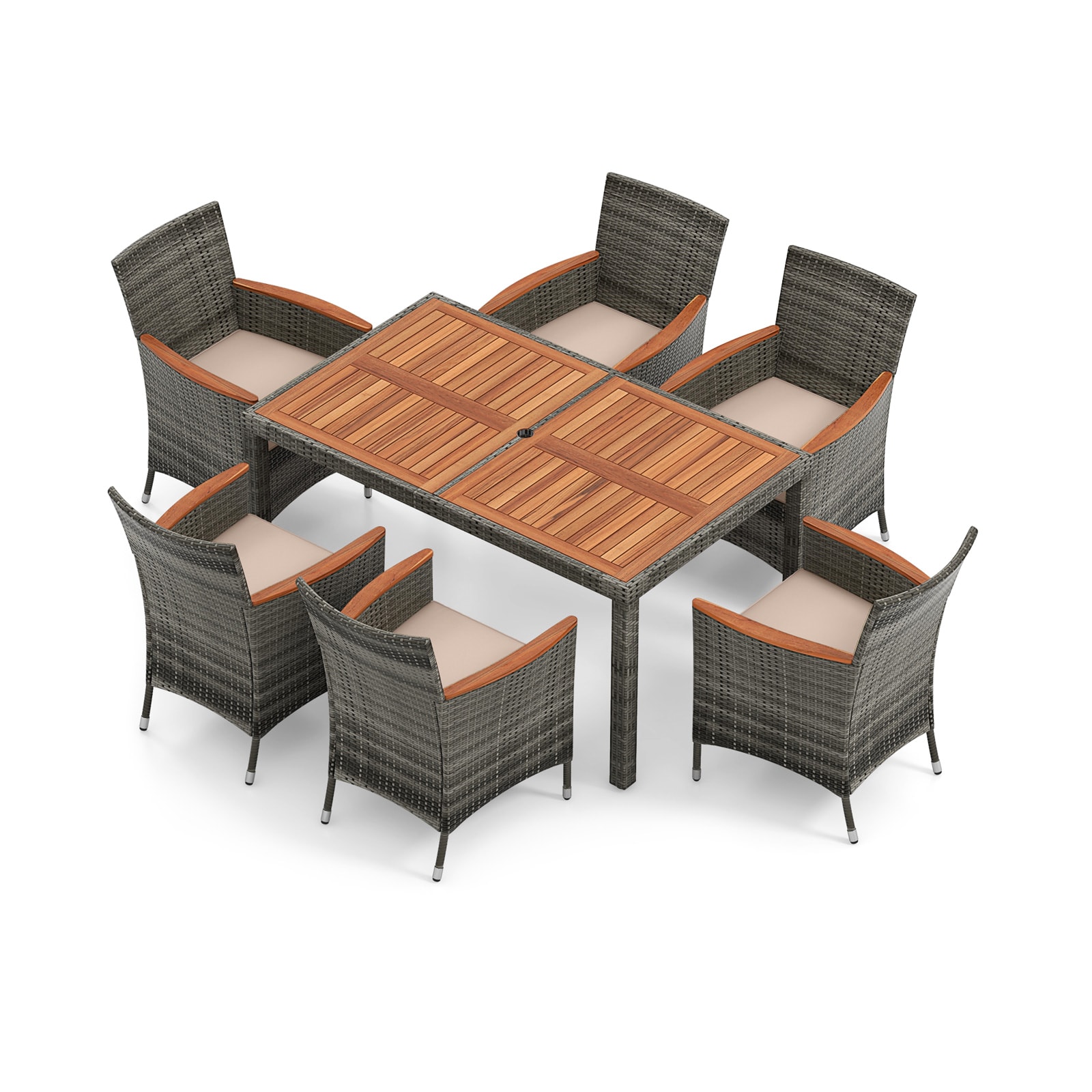 LIVIZA OUG68689C-X 7 -Piece Mix Gray Wicker Patio Dining Set Wood Rectangle Table with 6 Off-white Cushions Stationary Chairs