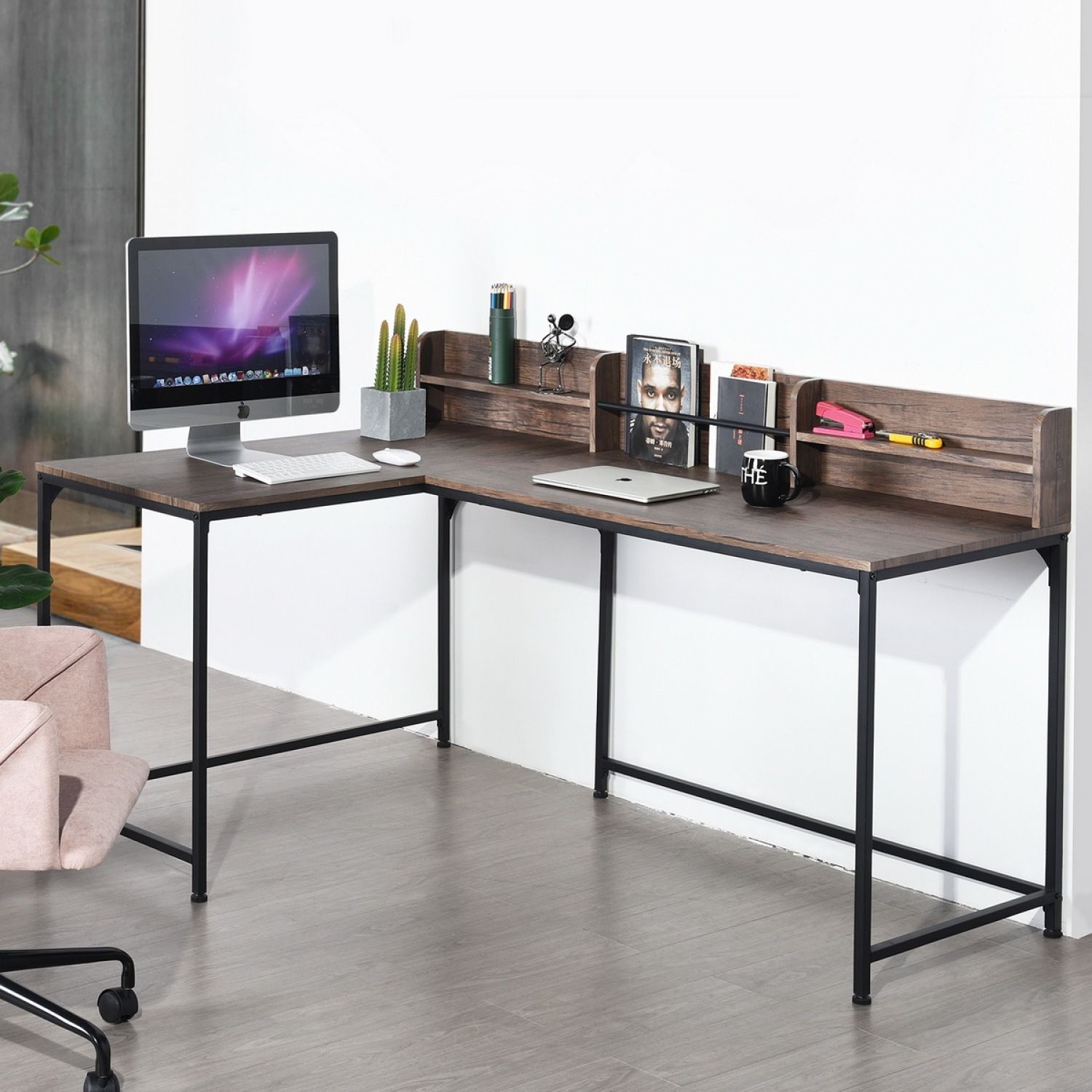JASMODER W131470877 43.3 inch W X 65 inch  D L-Shaped Computer Desk Corner Writing Desk For Small Space, Simple Modern Space-Saving Laptop Table Workstation For Home Office Study - Walnut and Black