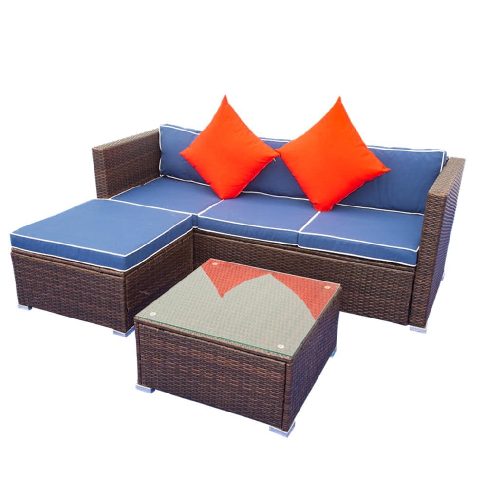 CASAINC EL-W329S00005 3 -Piece Wicker Patio Sofa Conversation Set with Brown Cushions