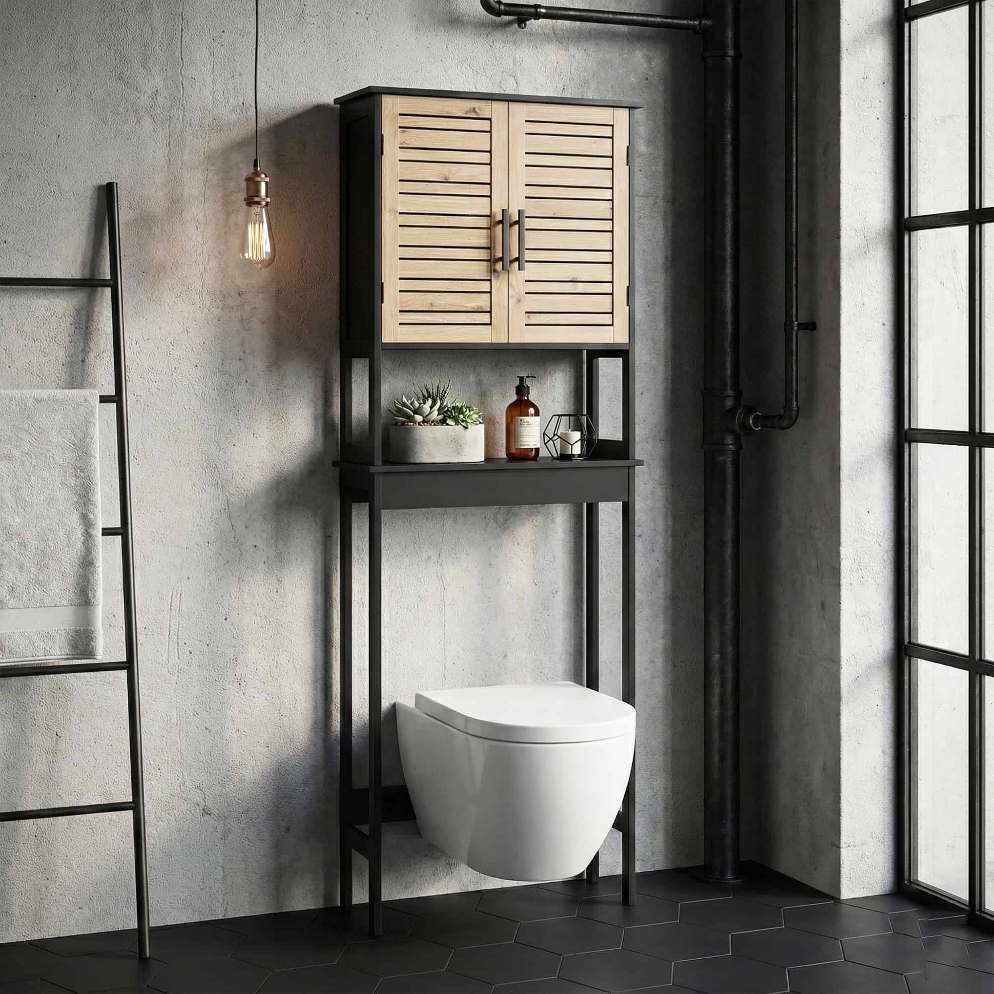 EVIDECO FRENCH HOME GOODS Bergen 24.8-in x 70.5-in x 9-in Black Brown 2-Shelf Over-the-Toilet Storage
