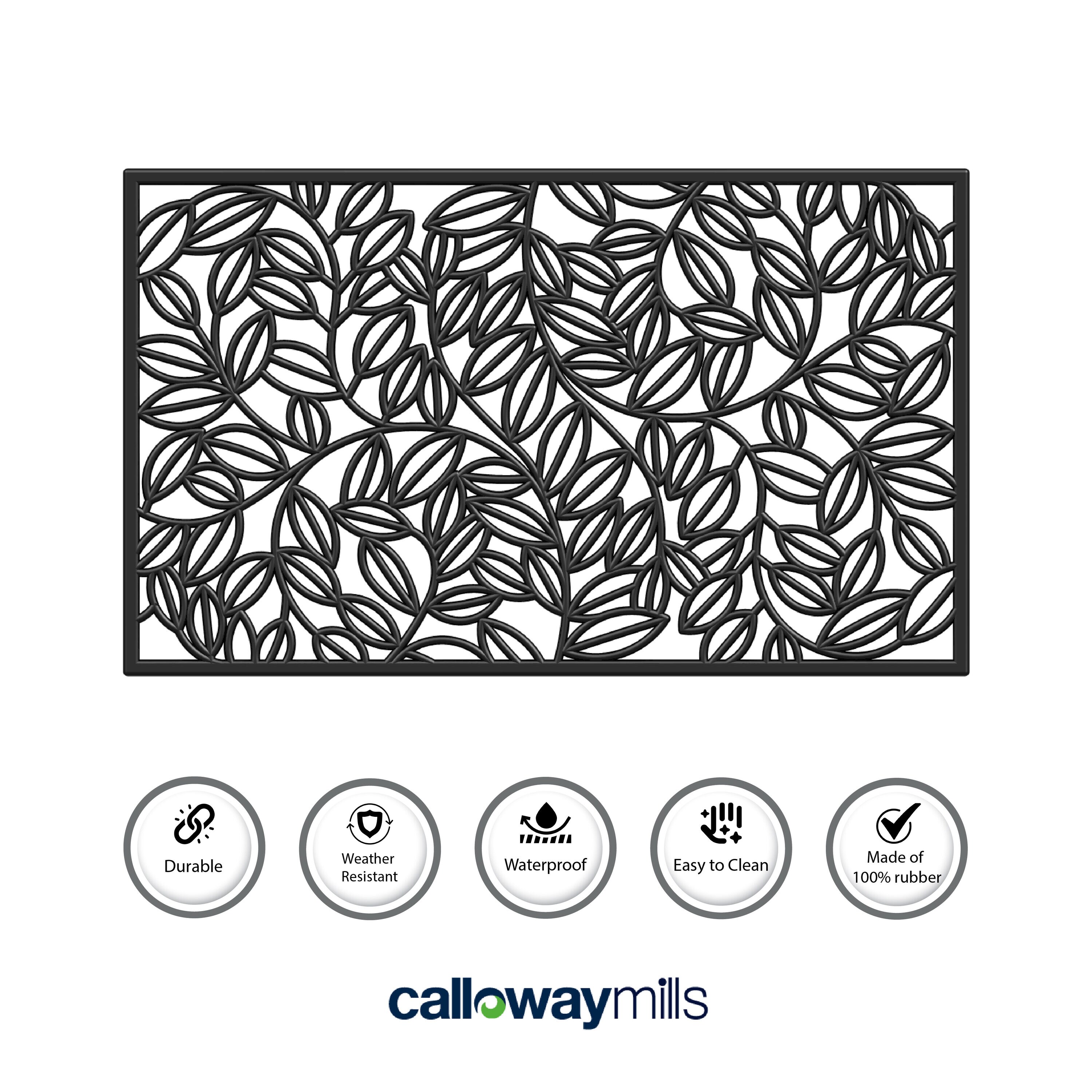 Black 18 x 30 Inch Rubber Outdoor Doormat with Vine Design