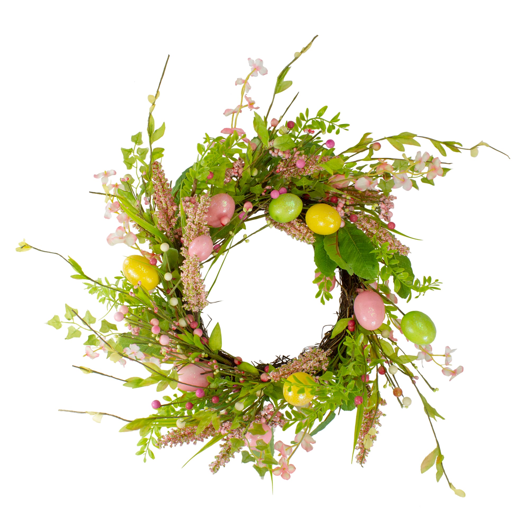 Northlight Green and Pink Easter Egg Wreath with Flowers and Pip ...