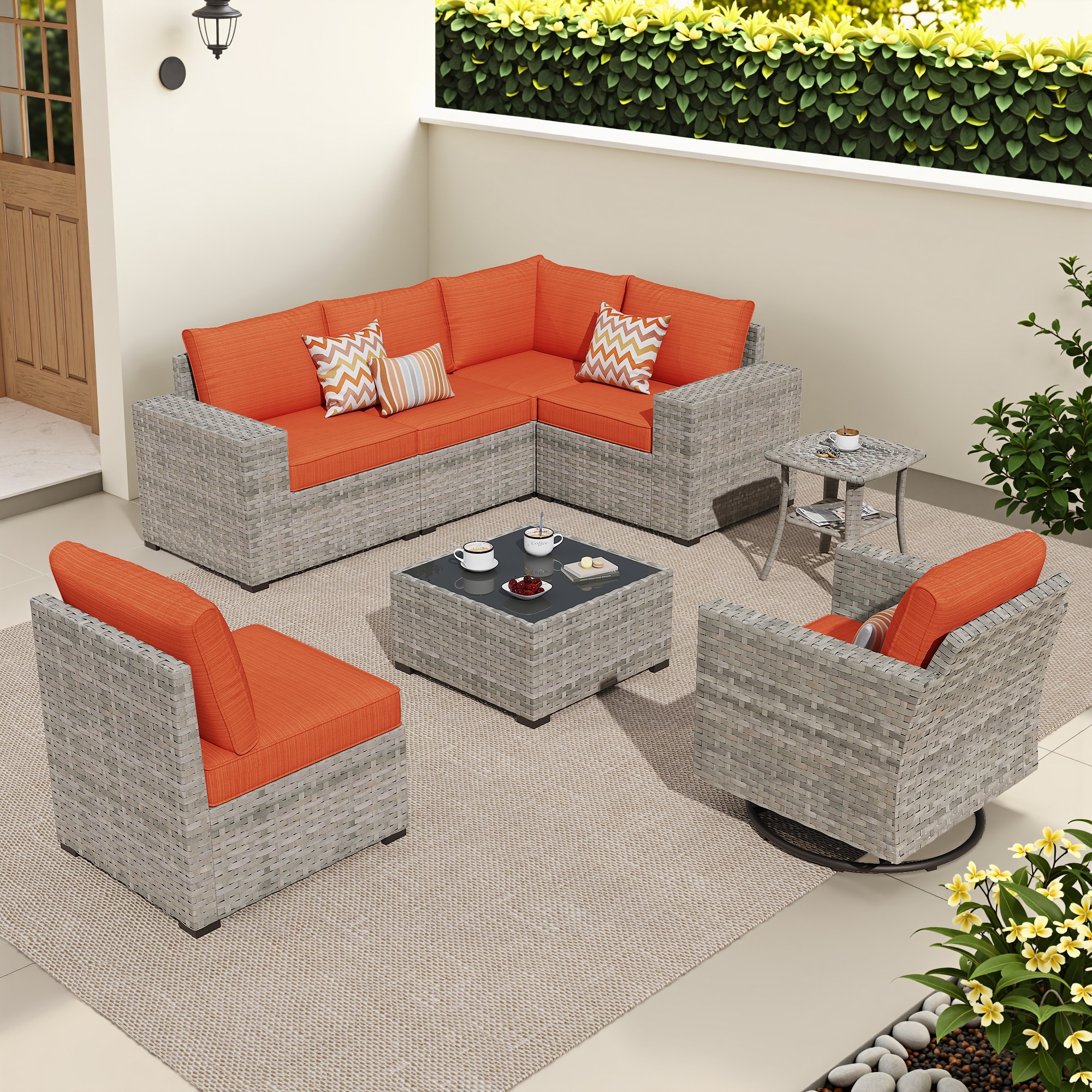 Caodoc L5-YZBBR800-8 Bramasole Rattan Outdoor Sectional with Orange Cushions and Rattan Frame