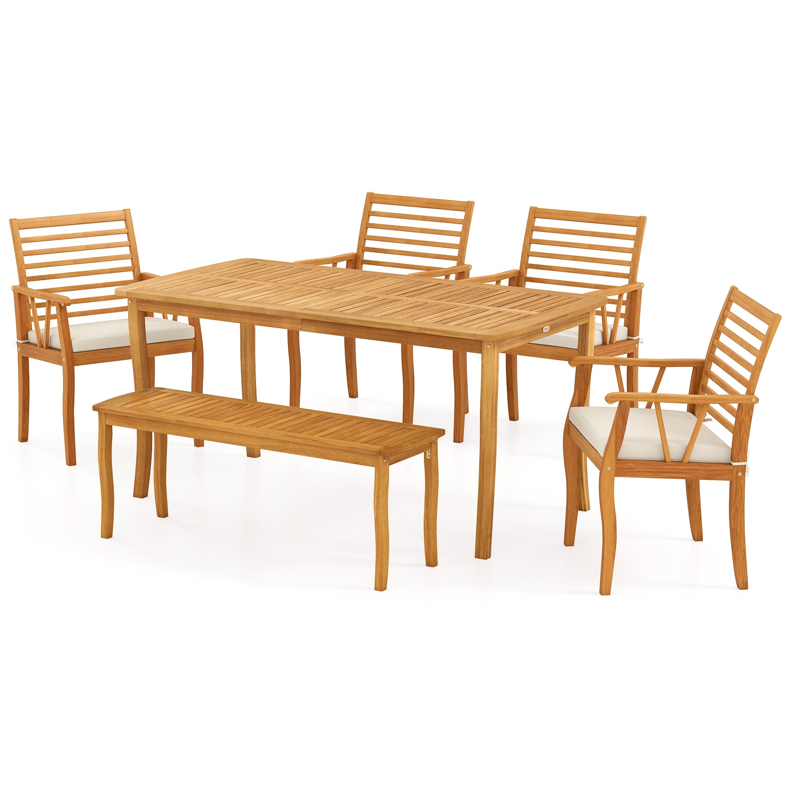 Ayelon 6 -Piece Natural Patio Dining Set Wood Rectangle Table with 5 Off-white Cushions Stationary Chairs
