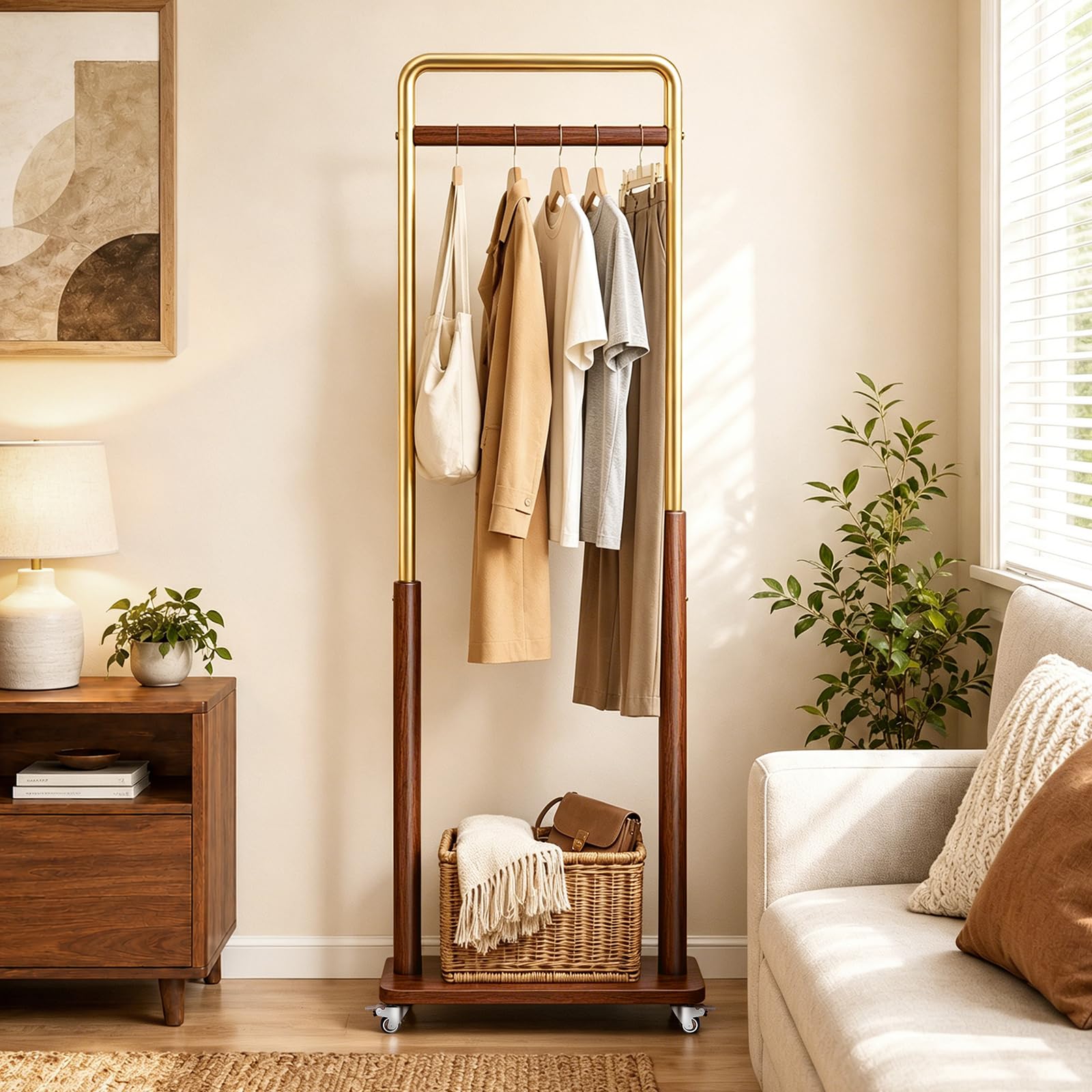 KIWDZFU Solid Wood Clothes Rack Metal and Wood Combination with Wheels for Entryway Bedroom Living Room Freestanding Coat Rack for Hanging #LKI0826A0078