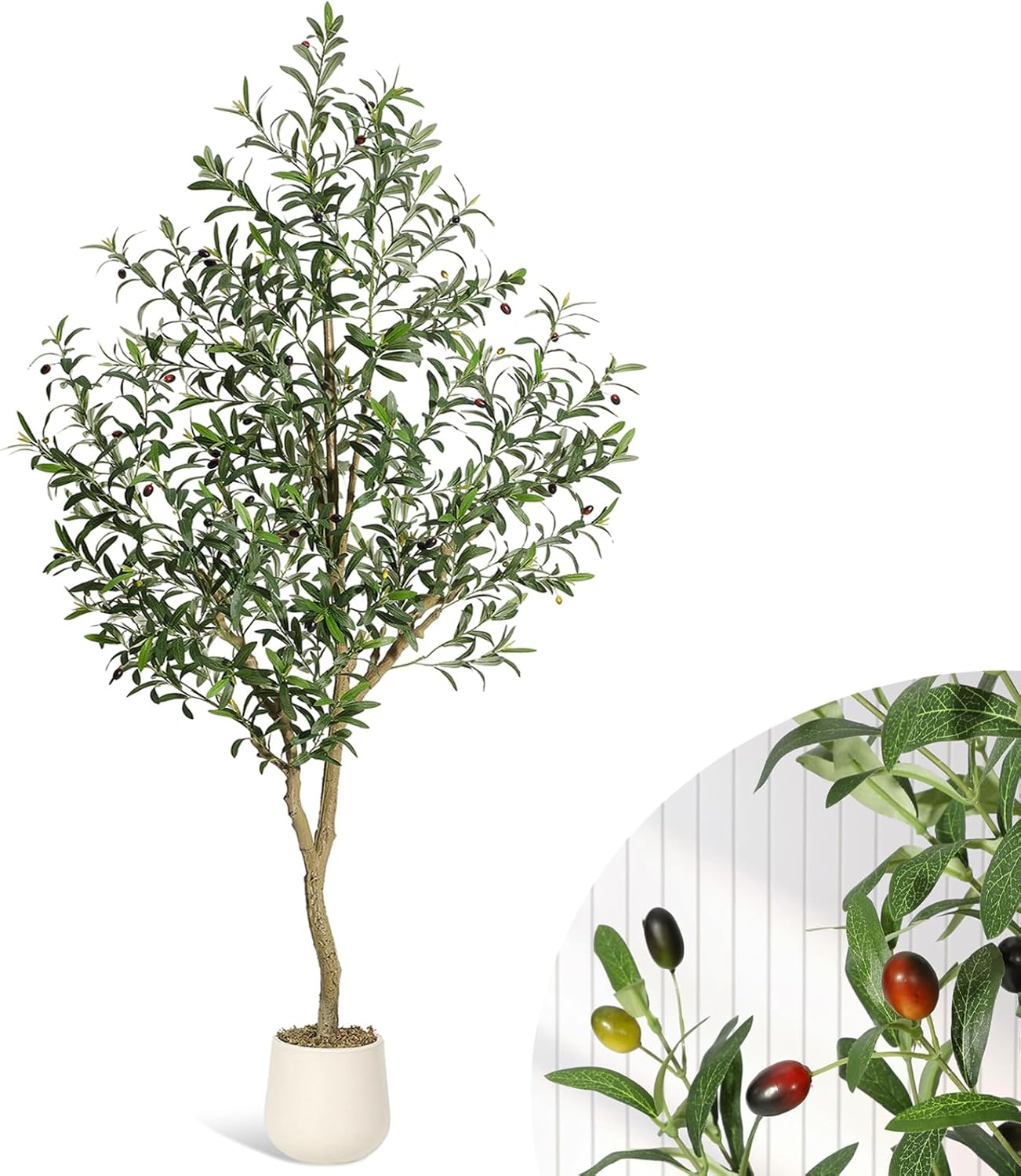 WhizMax LHFLS-PHK-33CGFXW9 7FT Faux Olive Tree Tall,Olive Trees Artificia Indoor with White Planter and Green Moss, Fake UV Resistant Artificial Tree,for Home Office Living Room Bedroom Stairs Foyer Decor