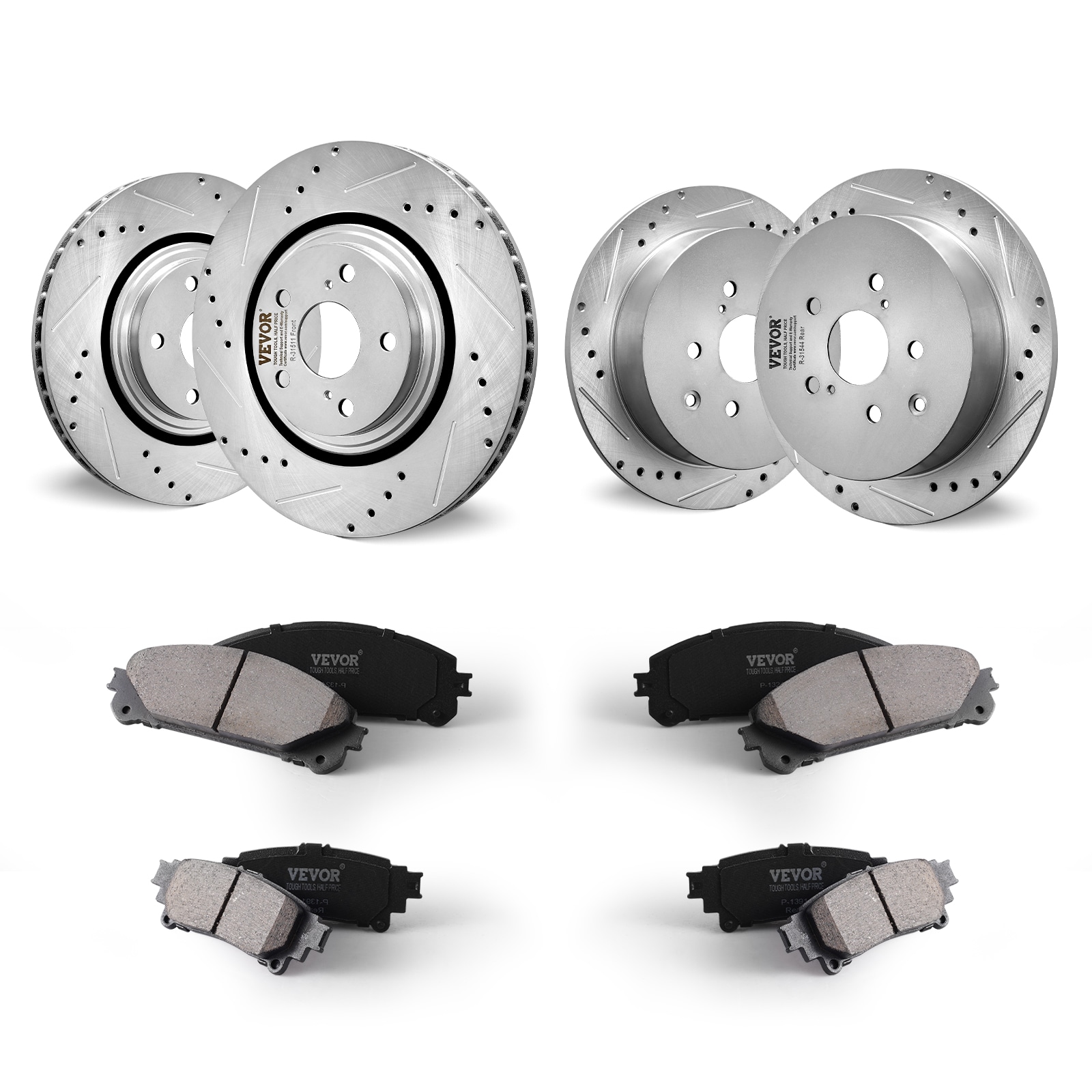 VEVOR QCCCPTZHIGHLG1QCZV0 Front and Rear Brake Kit Compatible with Toyota Sienna, Highlander, Lexus RX350, RX450h, Drilled and Slotted Brake Rotors Ceramic Brake Pads Replacement, 12.9 Front Rotors 12.2 Rear Rotors