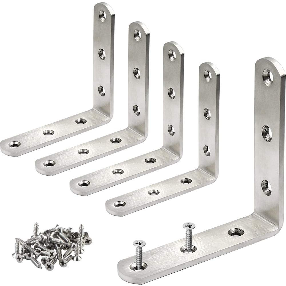 Aoibox  5 Piece Heavy Duty Stainless Steel L Corner Braces 3 x 3 in 90 Degree Right Angle Brackets with Mounting Hardware