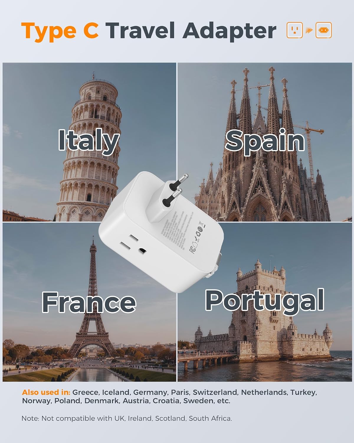 MaseiKar Type C European Travel Plug Adapter 2 Pack - 3 AC Outlets 4 ...