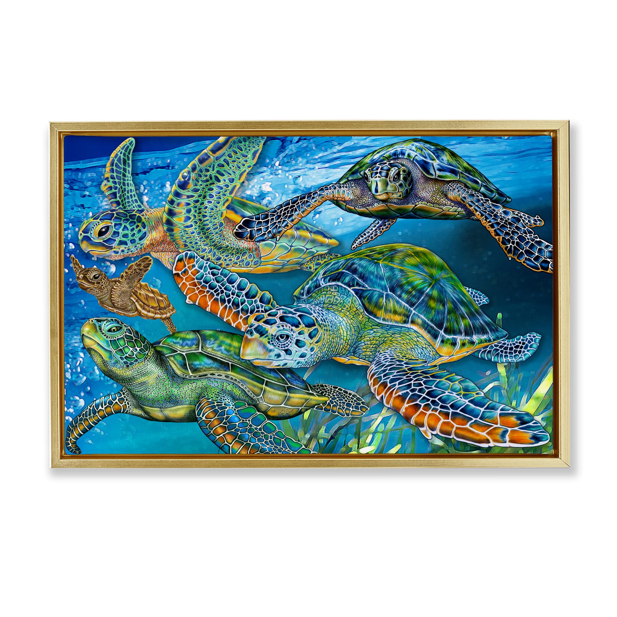 Stupell Industries BT-363-FFG-16X24 Tortoise Family Underwater Swim Gold Framed Floater Canvas Wall Art By Tim Jeffs 25 x 17