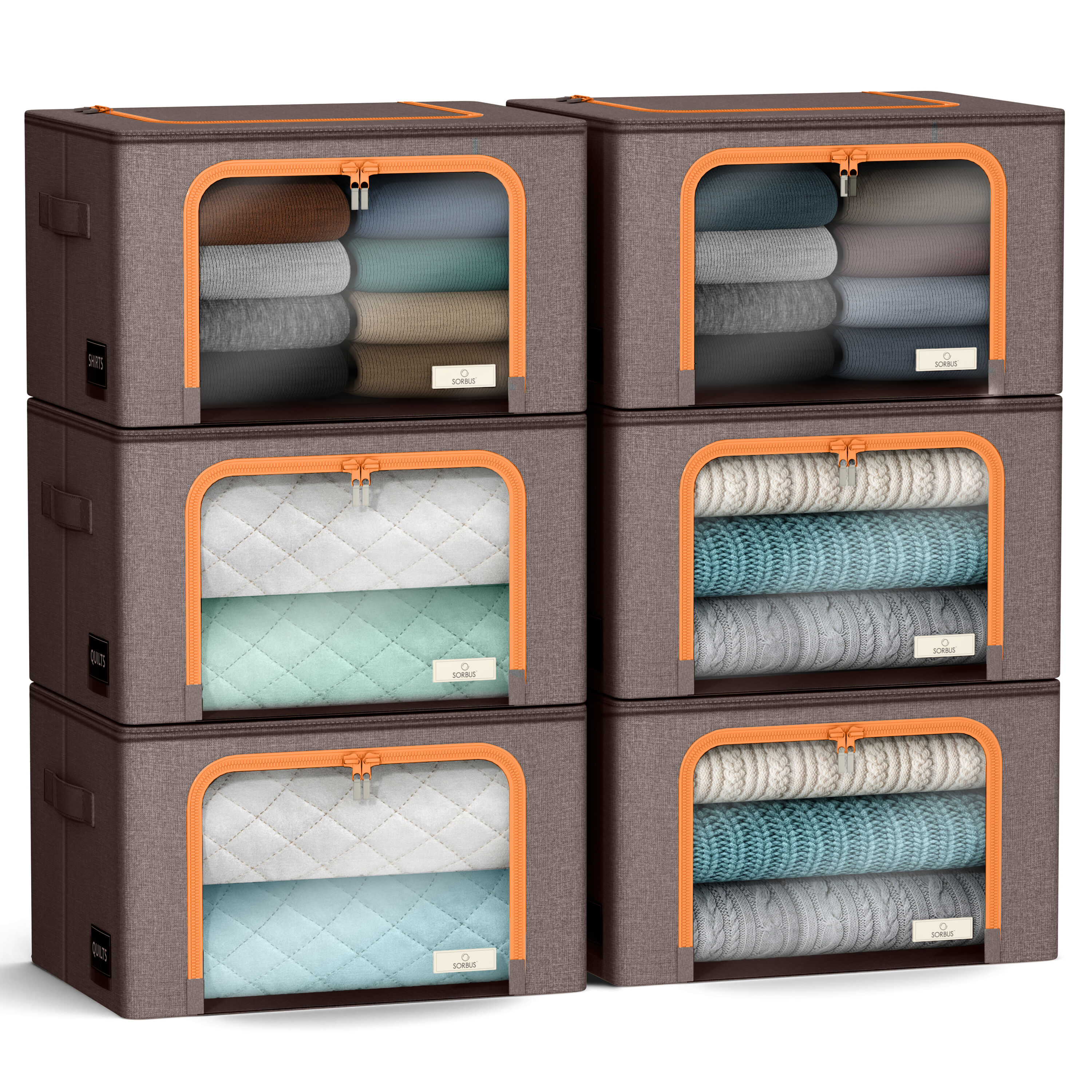 SORBUS  6 Pack Medium Foldable Storage Box Metal Frame Oxford Fabric Large Window and Handles Organization for Bedroom Linens and Clothes