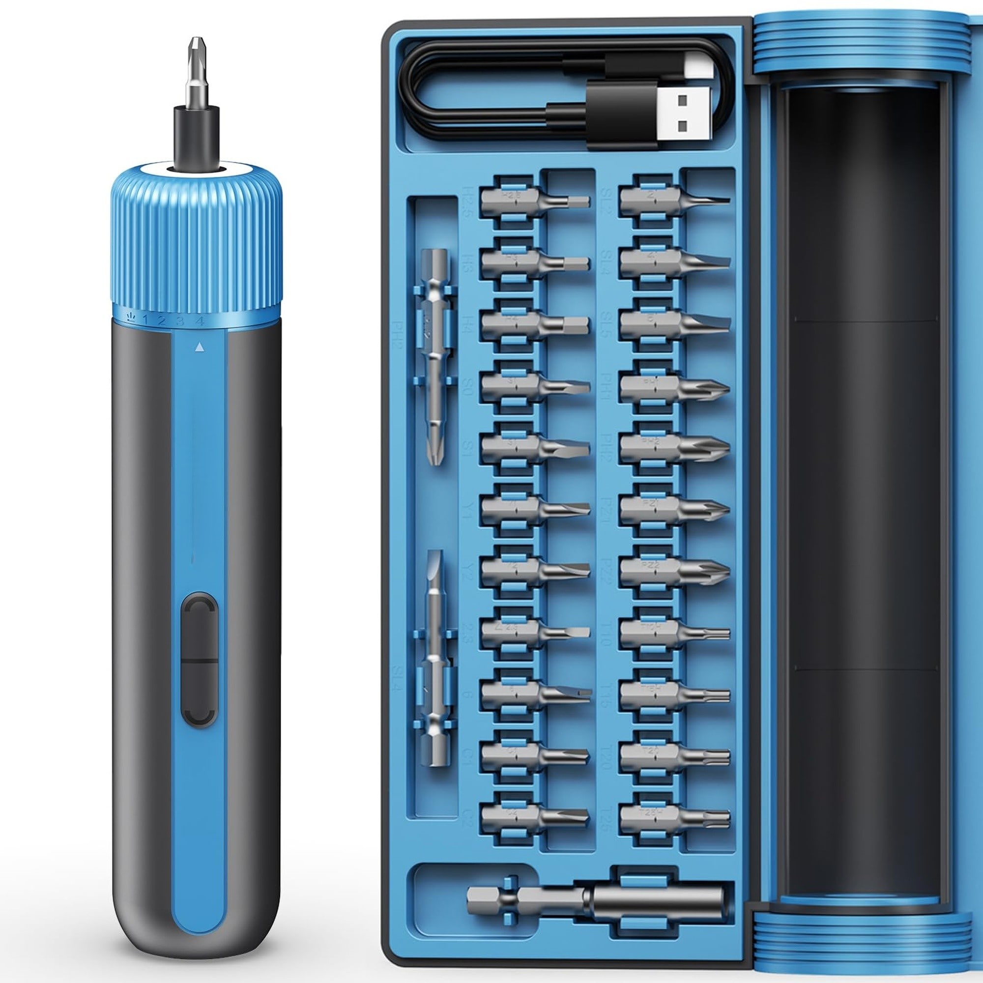 Angel Sar 4V Cordless Electric Screwdriver 10Nm High Torque 260 RPM 4 Level Control 2200mAh USB C Fast Charging LED Light 24 S2 Steel Bits for DIY Home Repair Blue