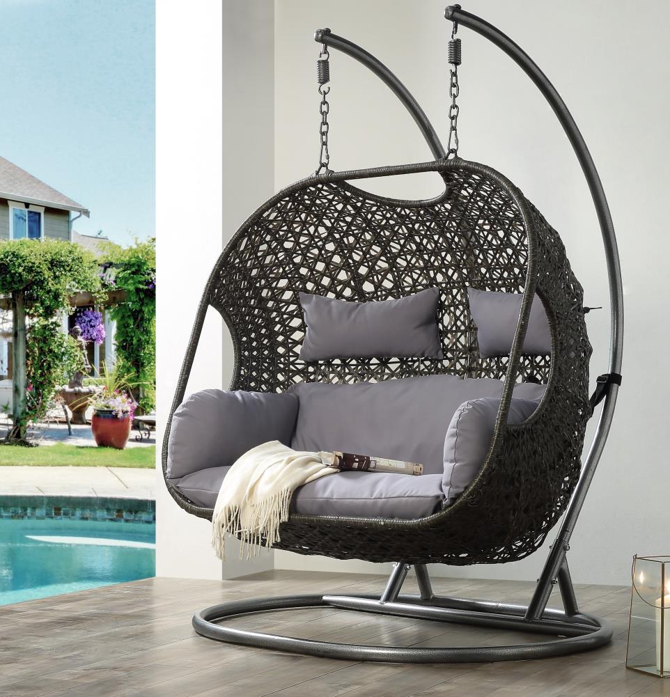 ACME FURNITURE Vasant Wicker Synthetic Wicker and Metal Frame Hanging  Balcony Chair(s) with Gray Cushioned Seat