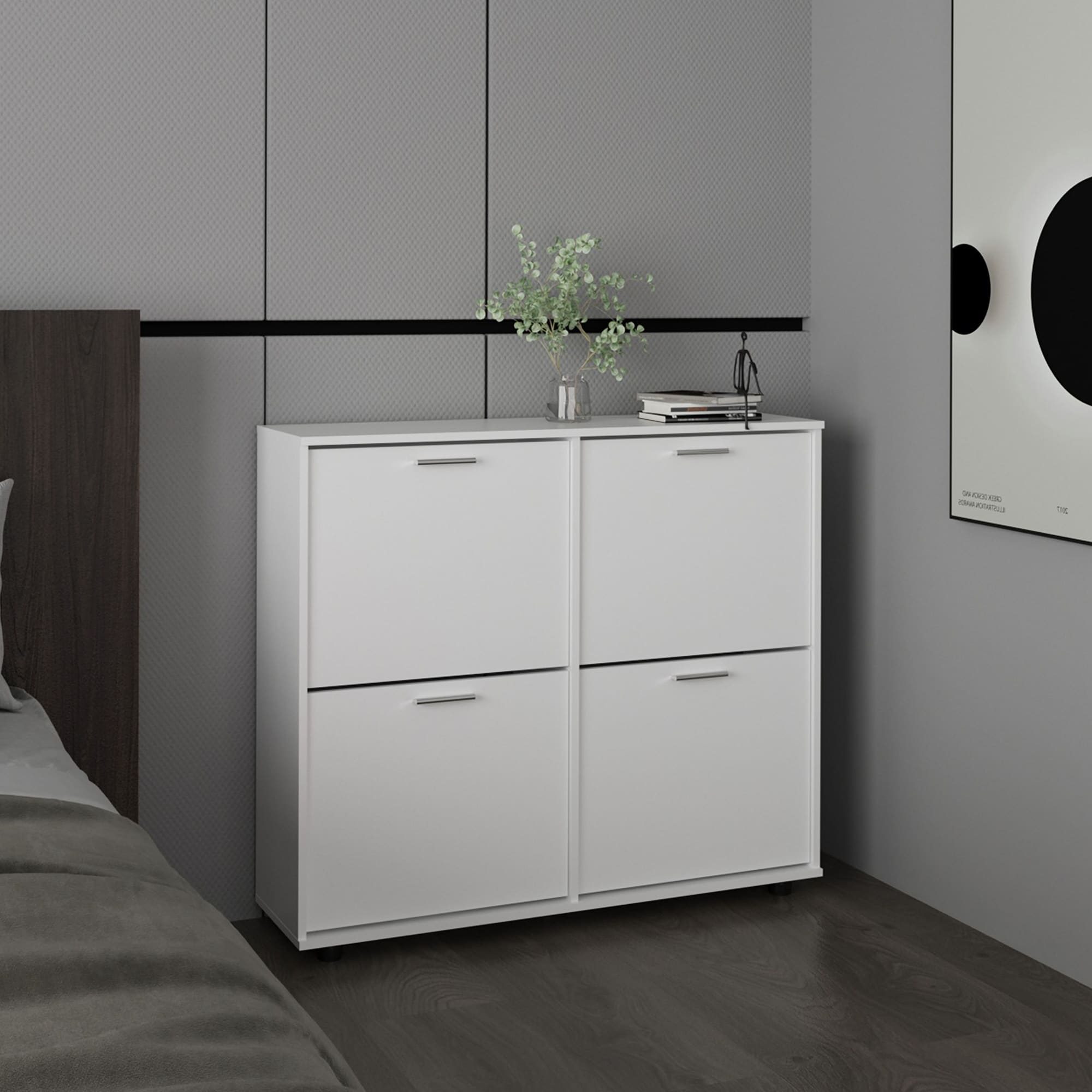 HyperDrop Cart White Wood Composite Shoe Rack with 4 Doors and 4 Shelves on 4 Heavy-Duty Legs for Hallway Use
