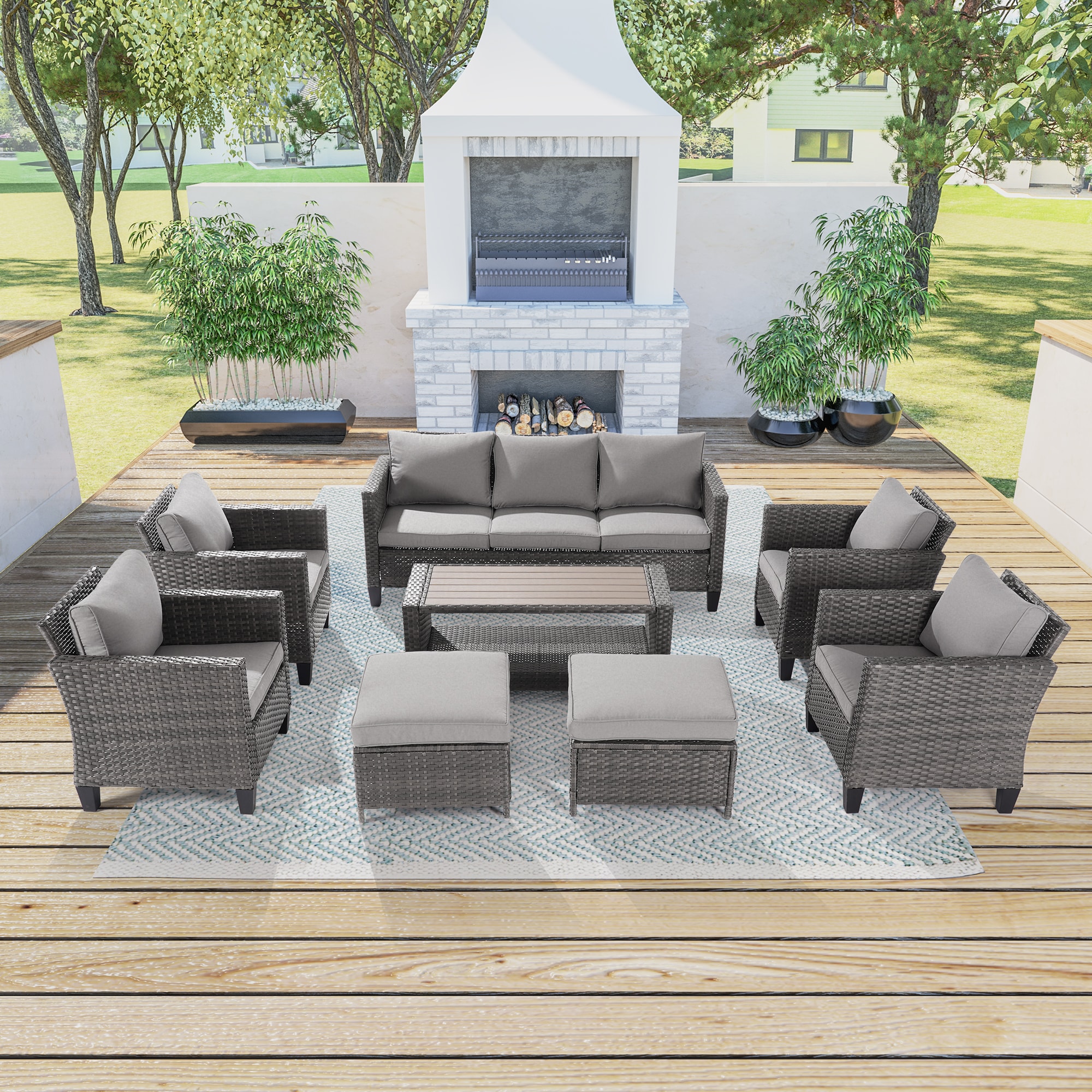 Sonkuki SD-PS-115HLY-S2T1 Patio Conversation Set 8 -Piece Wicker Patio Sofa Conversation Set with Gray Cushions