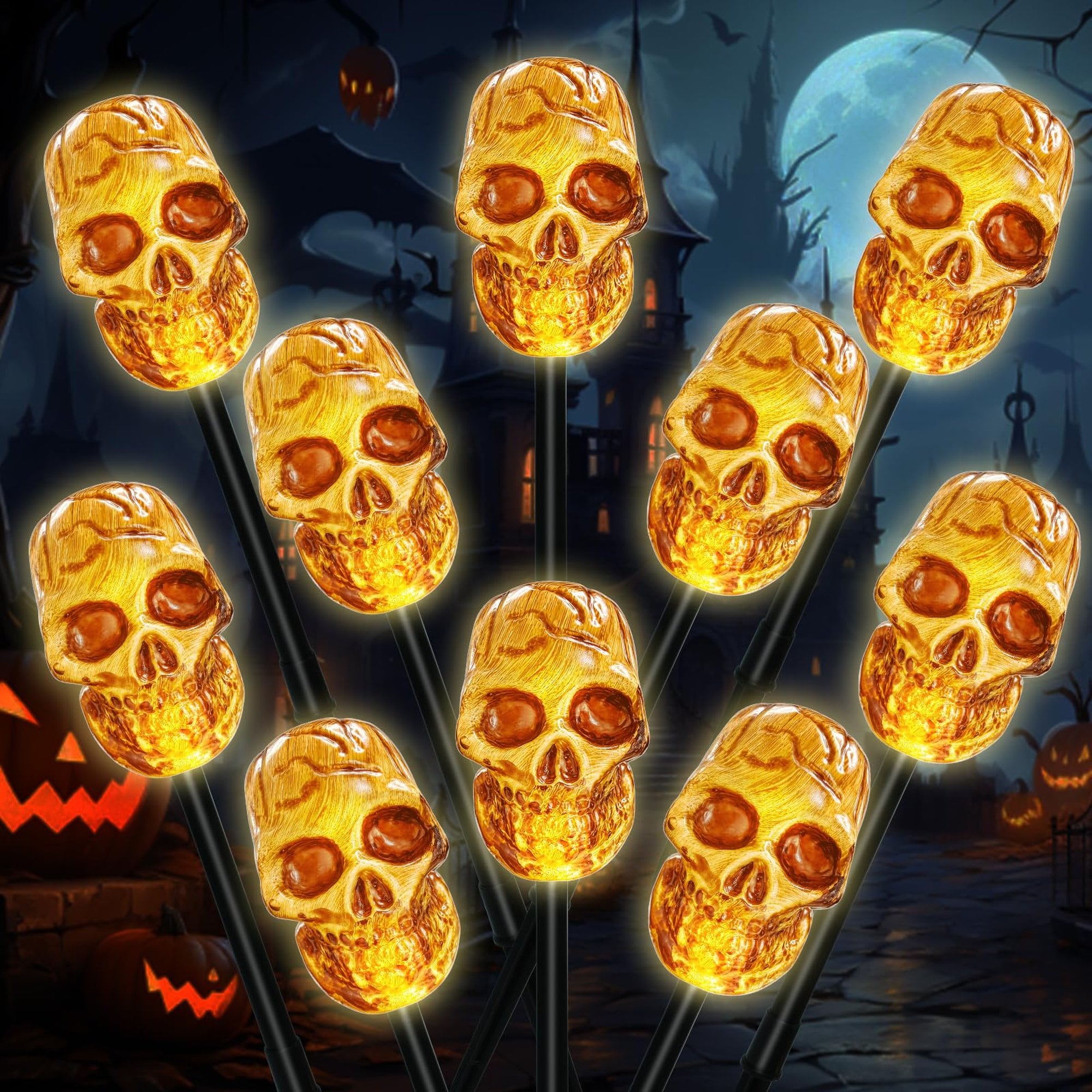 Angel Sar 10 Pack Solar Skull Pathway Lights with LED Waterproof for Halloween Walkway Sidewalk Yard Outdoor Decor