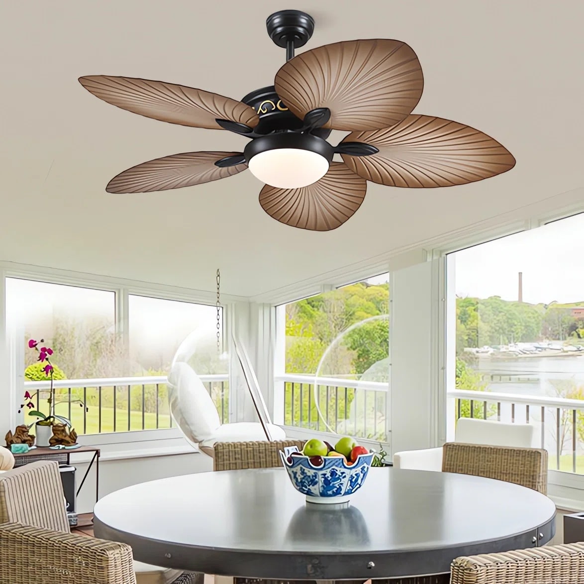 Kviflon  52 in Wood Finish Tropical Palm Leaf Ceiling Fan with Light Elegant Natural Style Quiet DC Motor Smart Remote and App Control Dimmable LED for Patio Cafe and Living Space