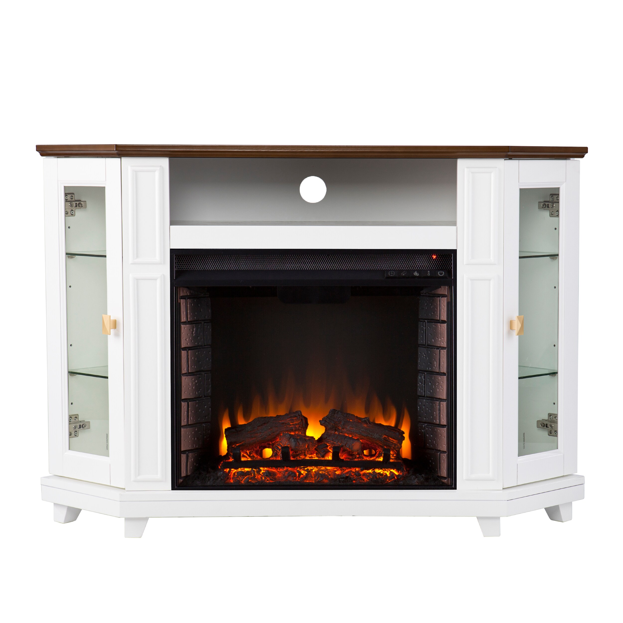 Southern Enterprises FE1137456 46.5-Inches W White and brown with brass TV Stand with Fan-forced Flat wall Electric Fireplace with Remote Control Included