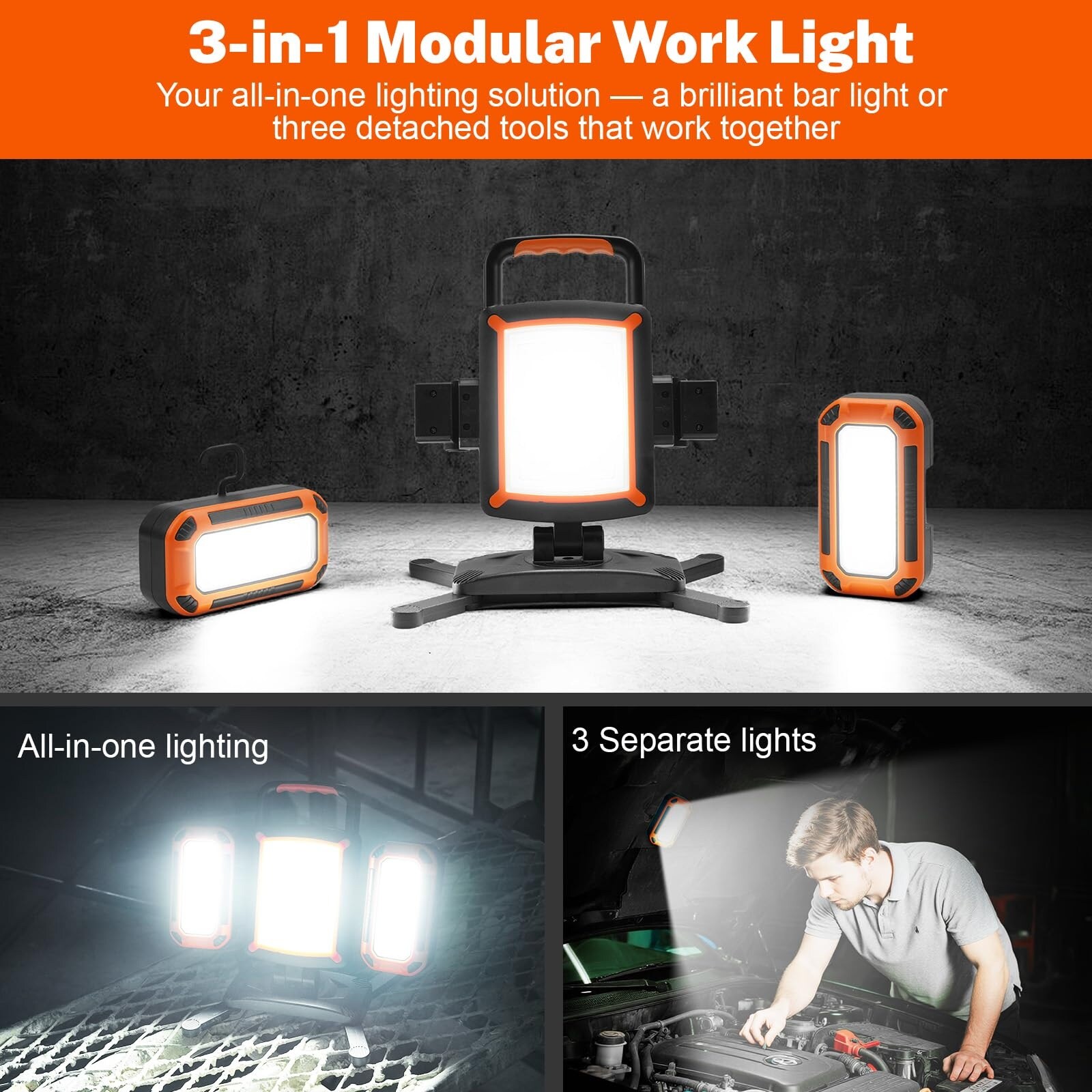 AOIZGMY 3 in 1 Modular Rechargeable LED Work Light 50W 5000 Lumens with ...