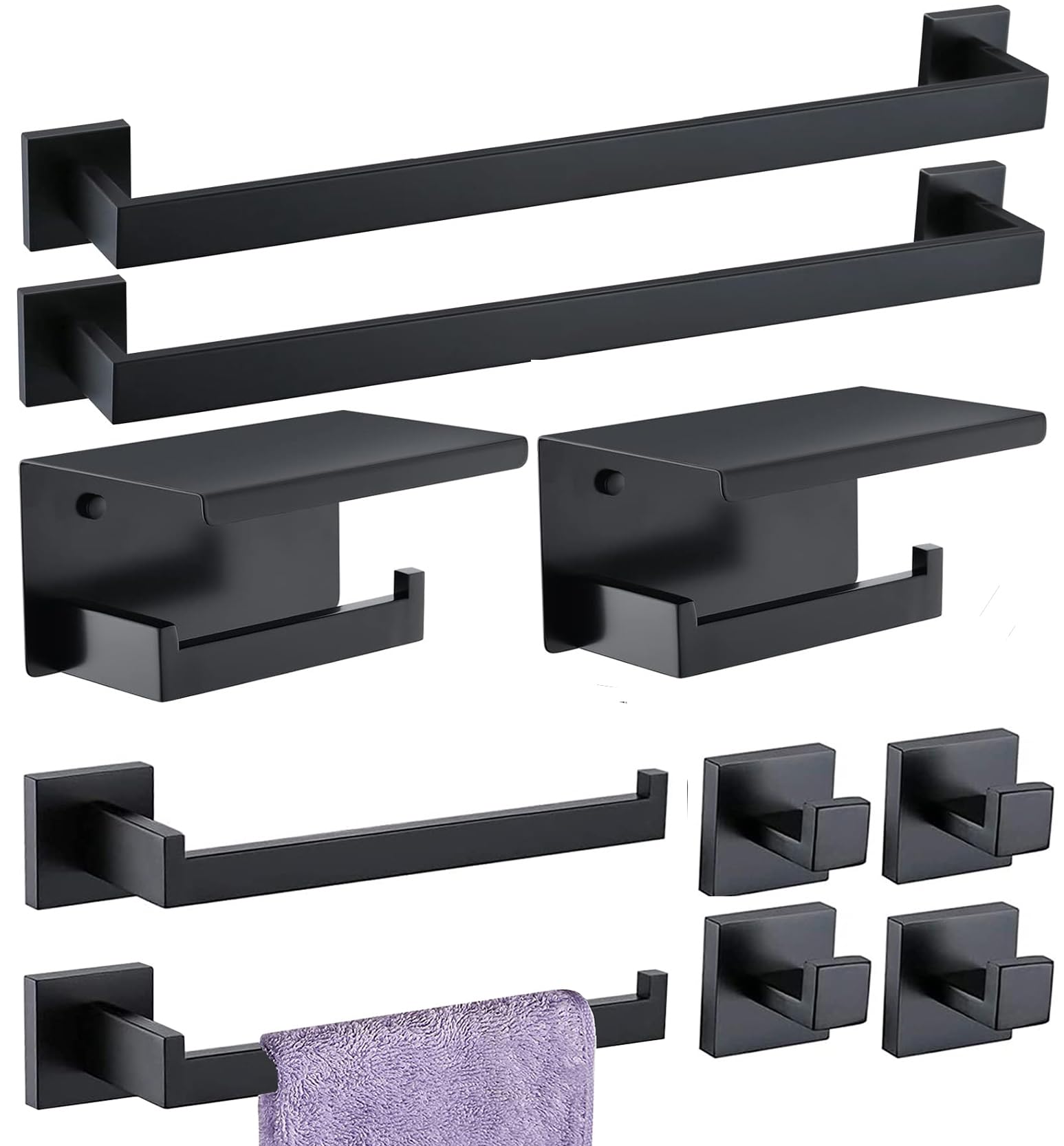 LAIFUCAM  Bathroom Hardware Set 10 Piece Matte Black Stainless Steel Includes 2 Towel Bars 2 Towel Holders 2 Toilet Paper Holders 4 Towel Hooks