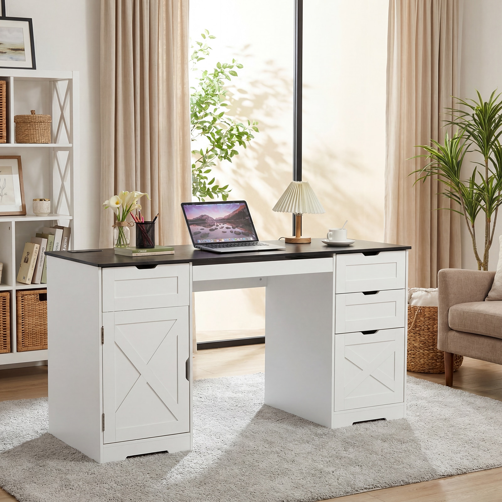 IdealHouse 59 Inch Farmhouse Office Desk - 4 Storage Drawers Keyboard Tray Adjustable Shelves Built-in Charging Station - Sturdy Wood Executive Computer Desk for Home or Studio White and Black
