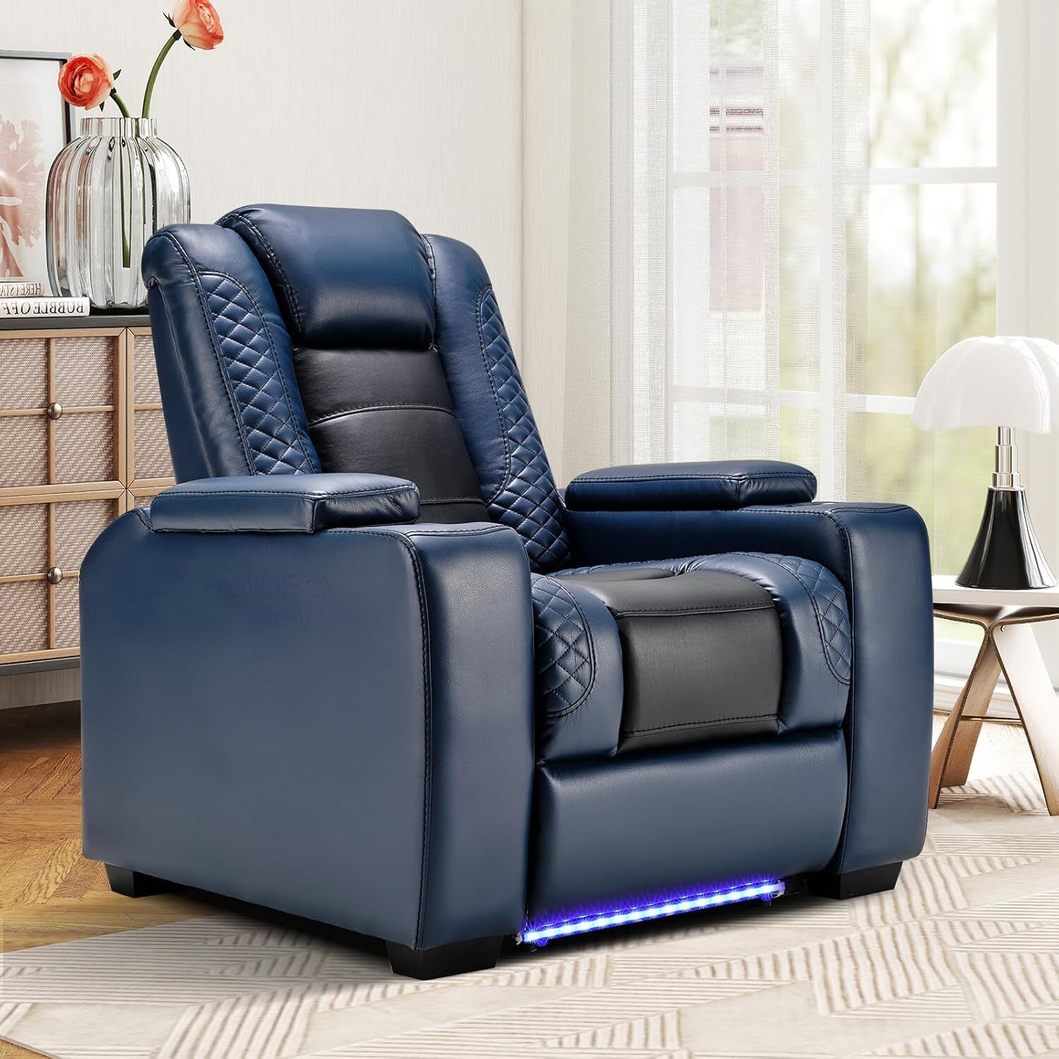 Canmov  Power Controlled Electric Recliner with Adjustable Headrest LED Lighting USB Ports Cup Holders Home Theater Seating Reclining Chair