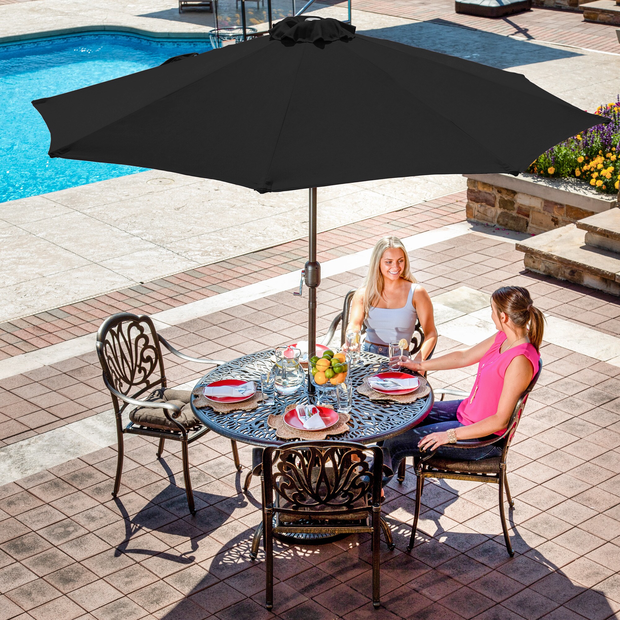 9-Foot Black Aluminum Market Patio Umbrella with Auto-Tilt