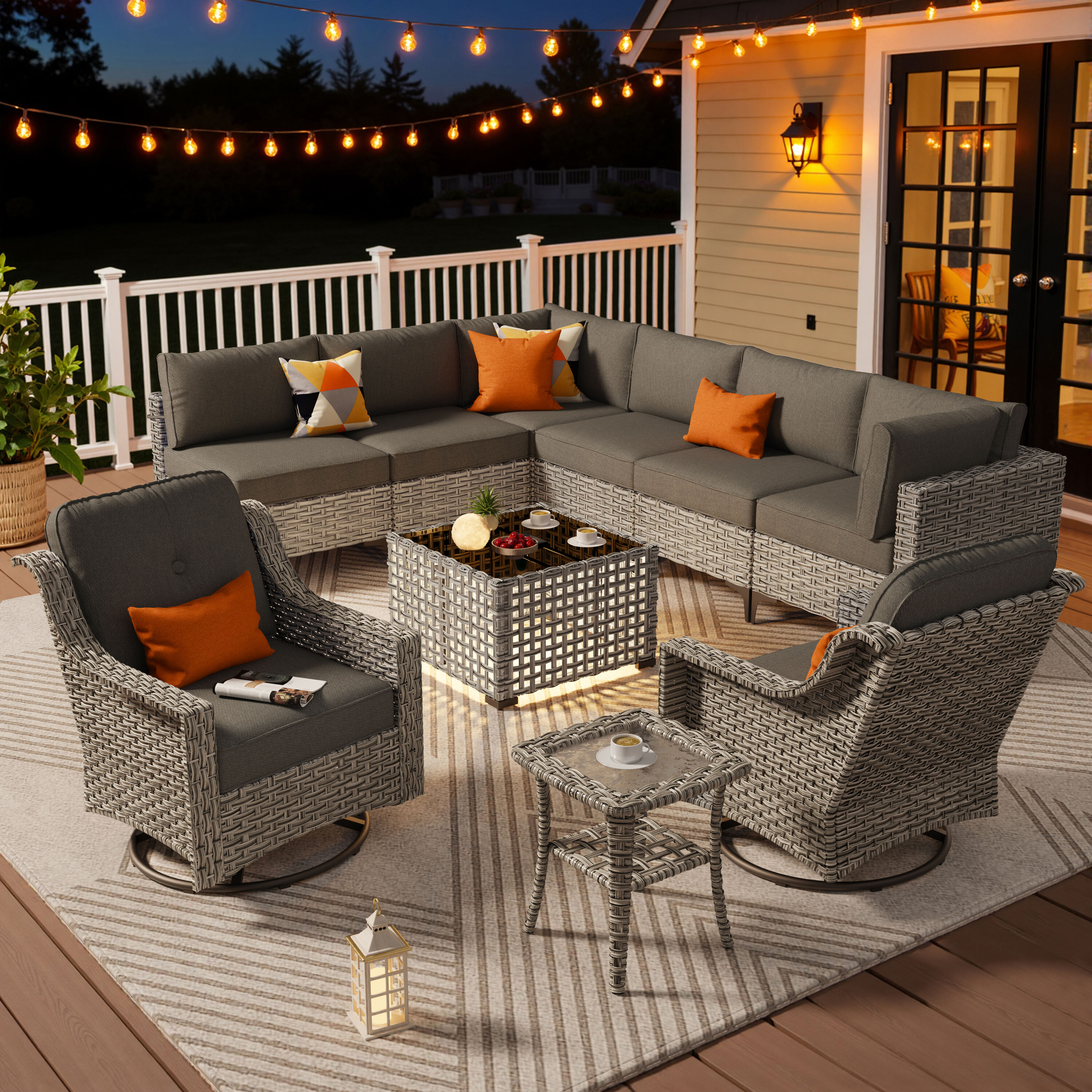 Ovios SK100YP 10 -Piece Wicker Patio Conversation Set with Black Cushions