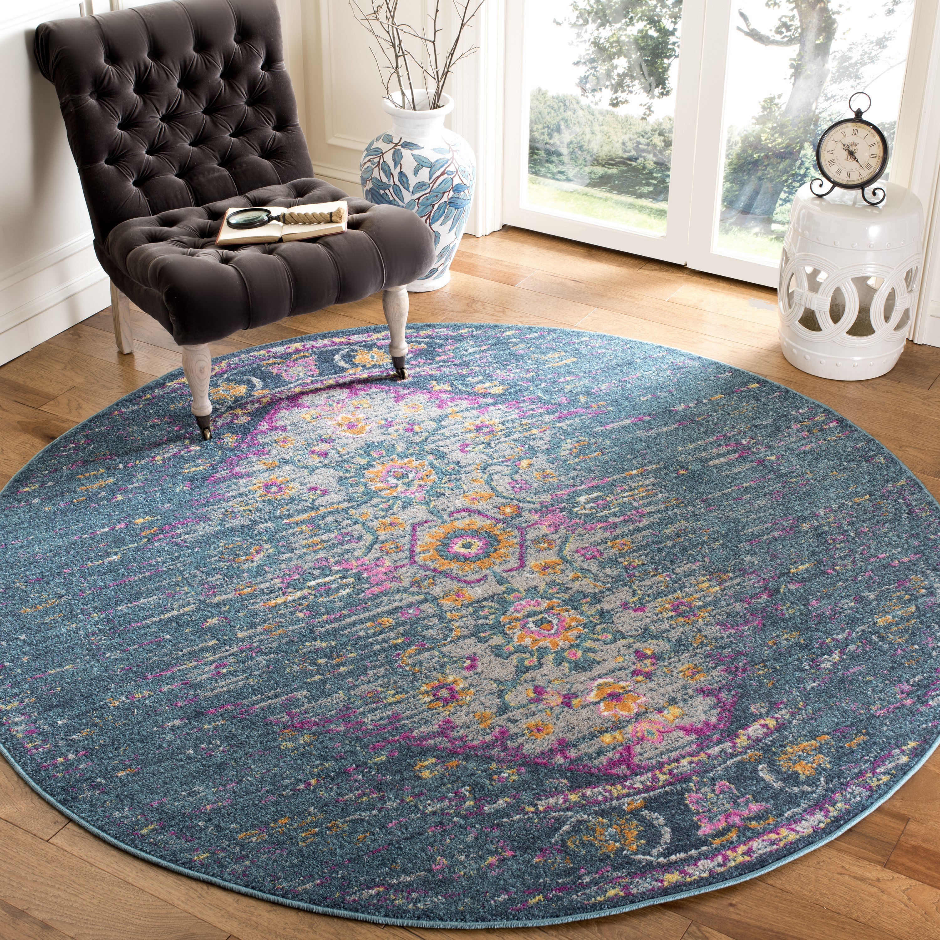Safavieh MAD122C-7R Madison Naria 7 x 7 (ft) Loomed Polypropylene Blue/Fuchsia Round Indoor Distressed/Overdyed Bohemian/Eclectic Area rug