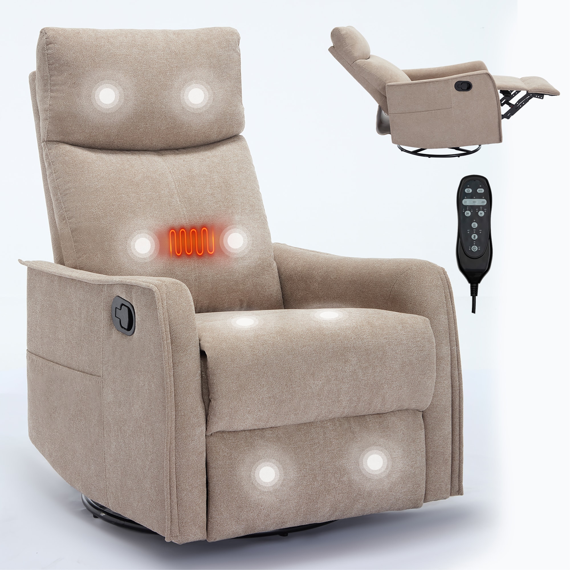 Sumyeg WF-MMER-004 GREY Heat Massage Manual Recliner Chair with Rocker and Swivel khaki Polyester Upholstered Swivel Recliner