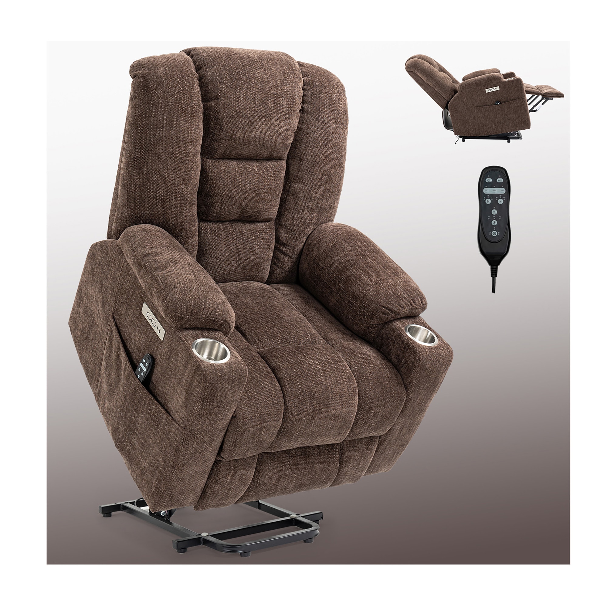 Sumyeg OF-PP194326AAF Large Power Lift Recliner Chair Brown Chenille Upholstered Powered Reclining Massage chair with Lift Assistance