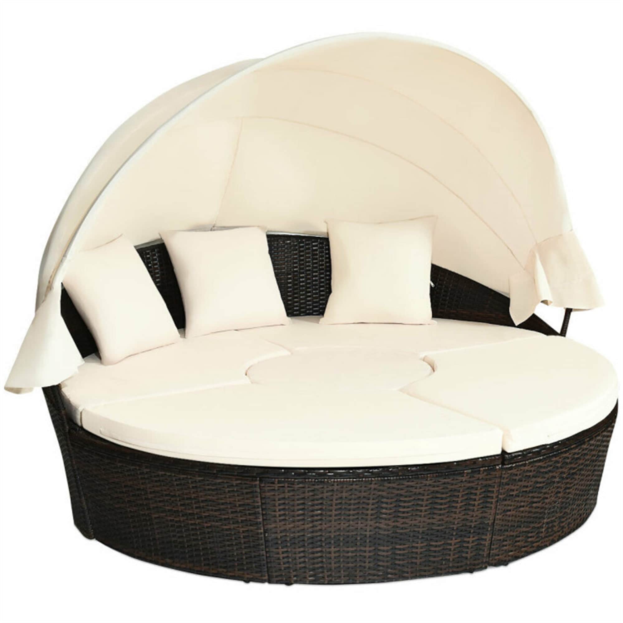BABOOM BOM-0281ORUST Patio Round Rattan Daybed Rattan Outdoor Daybed with Off-white Cushions and Rattan Frame