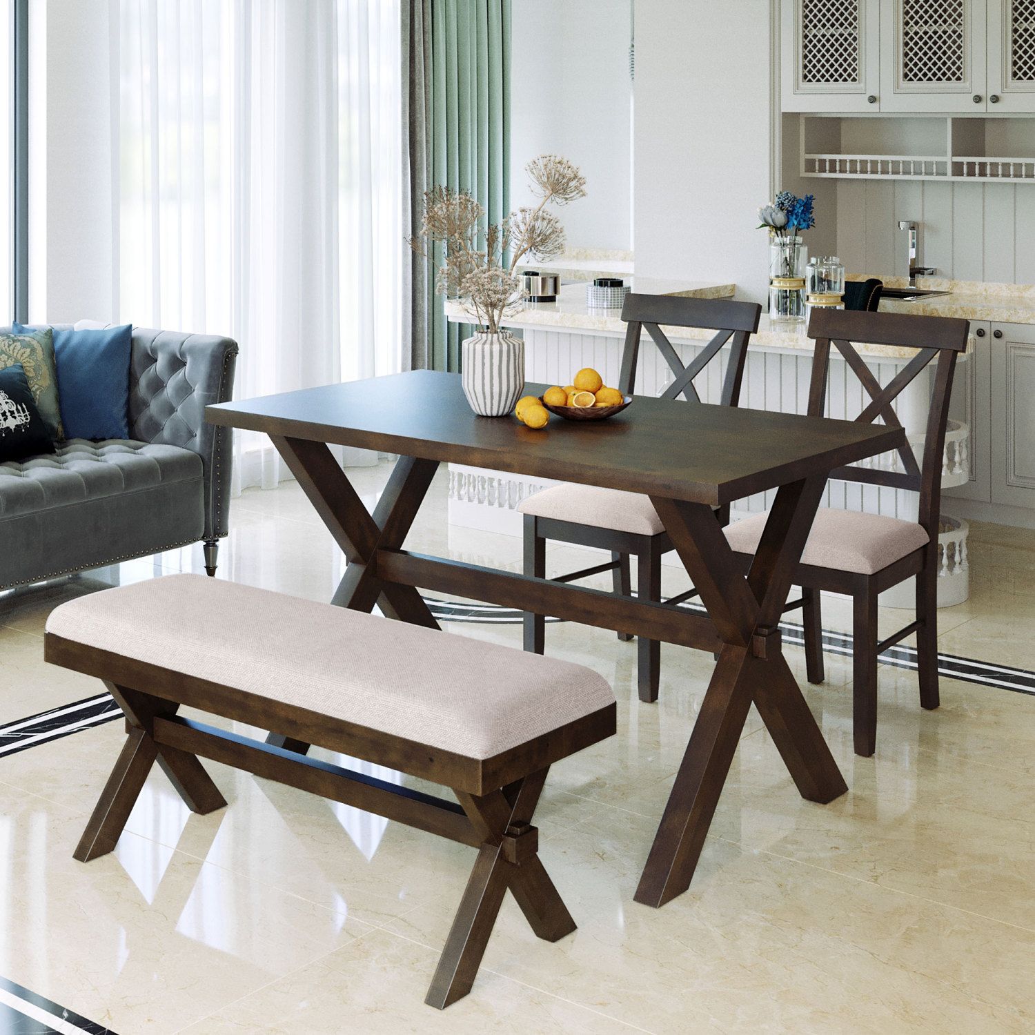 JASMODER SH000159AAD 4 Pieces Farmhouse Rustic Wood Kitchen Dining Table Set With Upholstered 2 X-Back Chairs And Bench, Brown+Beige
