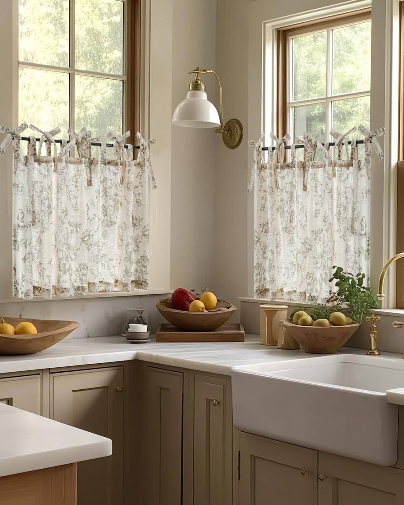 Etokfoks Floral Linen Tier Curtains 36 Inch Farmhouse Cafe Curtains Tie ...