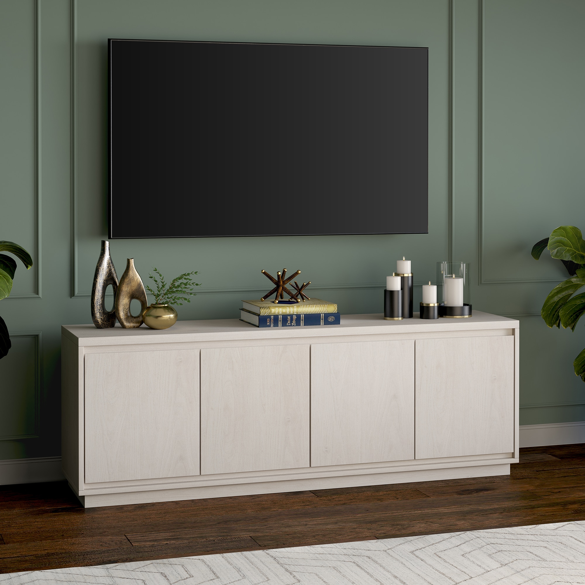 Alder White Modern TV Stand with Cabinets, 68-Inch