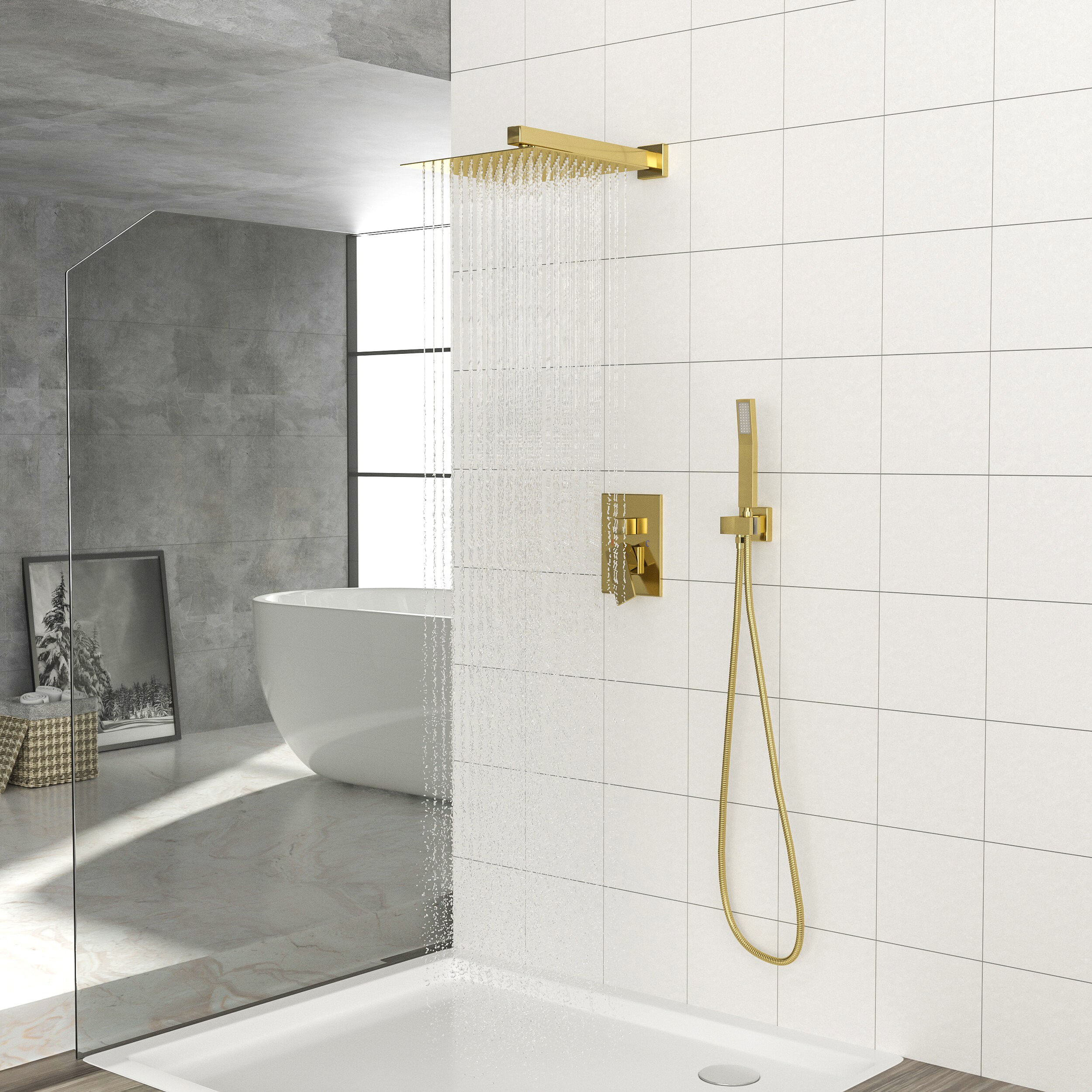 Tatayosi DJ2-43132137 Dual Shower Head - 12 Inch Wall Mounted Square Shower System with Rough-in Valve;Gold