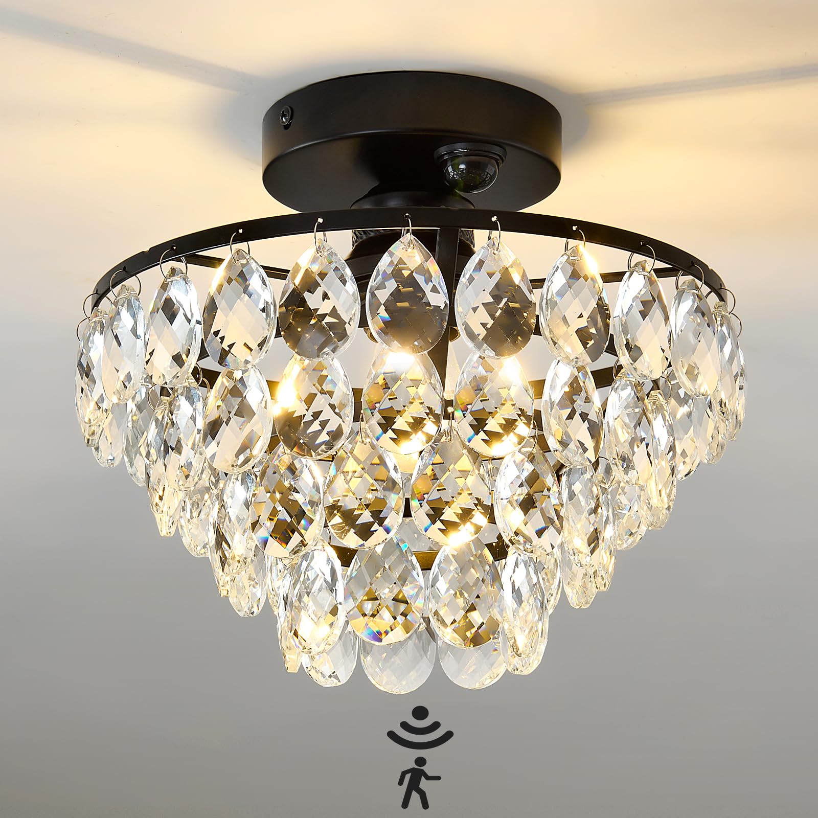 Lukvuzo  Indoor Motion Sensor Ceiling Light Fixture Modern Crystal Semi Flush Mount Black Overhead Light for Porch Hallway Entryway Kitchen Garage