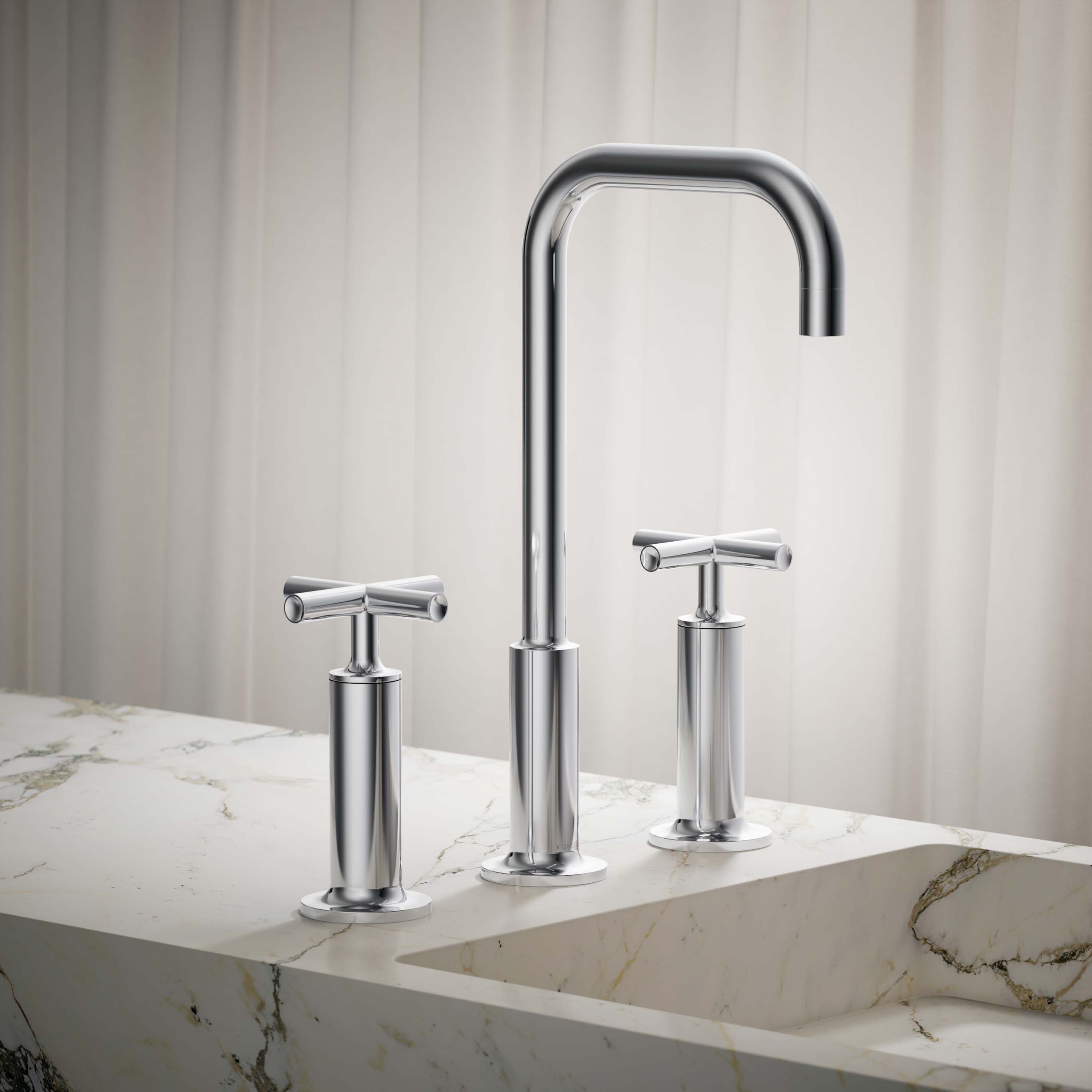 KOHLER 14408-3-CP Purist Polished chrome Widespread 2-handle WaterSense High-arc Commercial/Residential Handle Bathroom Sink Faucet with Drain