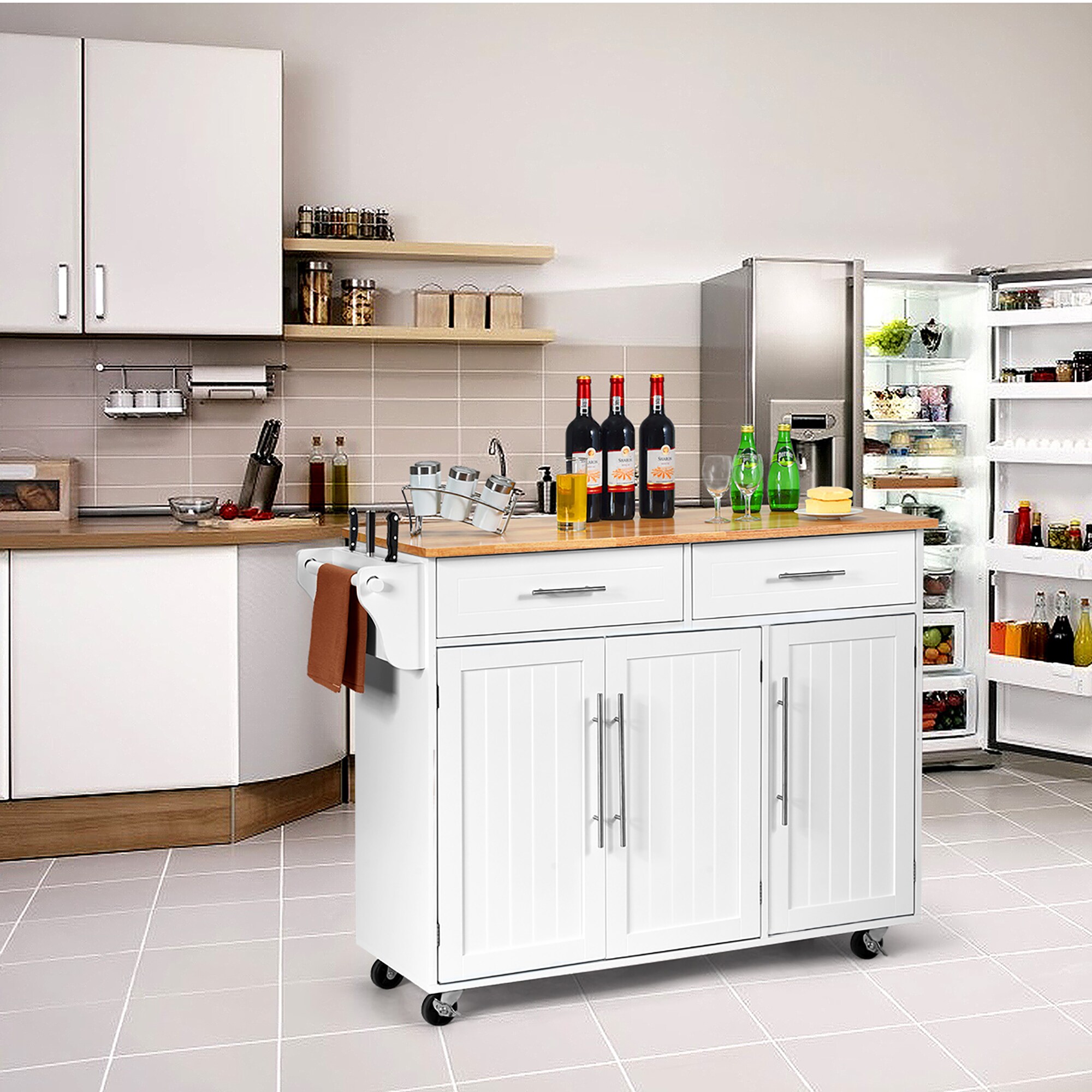 Goplus White Mdf Base with Mdf Wood Top Rolling Kitchen Cart (18-in x 48-in x 36.5-in)