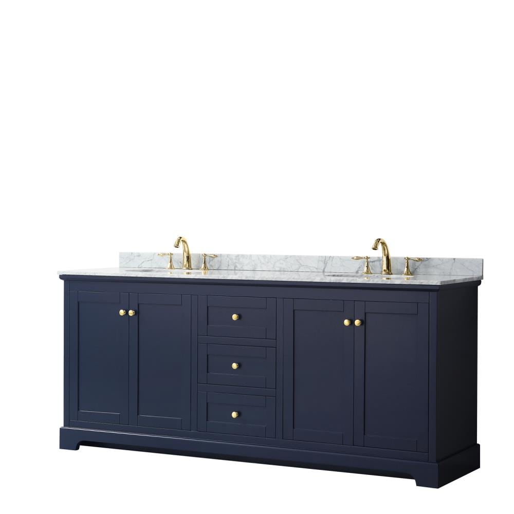Wyndham Collection WCV232380DBLCMUNOMXX Avery 80-in Dark Blue with Brushed Gold Trim Undermount Double sink Bathroom Vanity with White Carrara Marble Natural marble Top