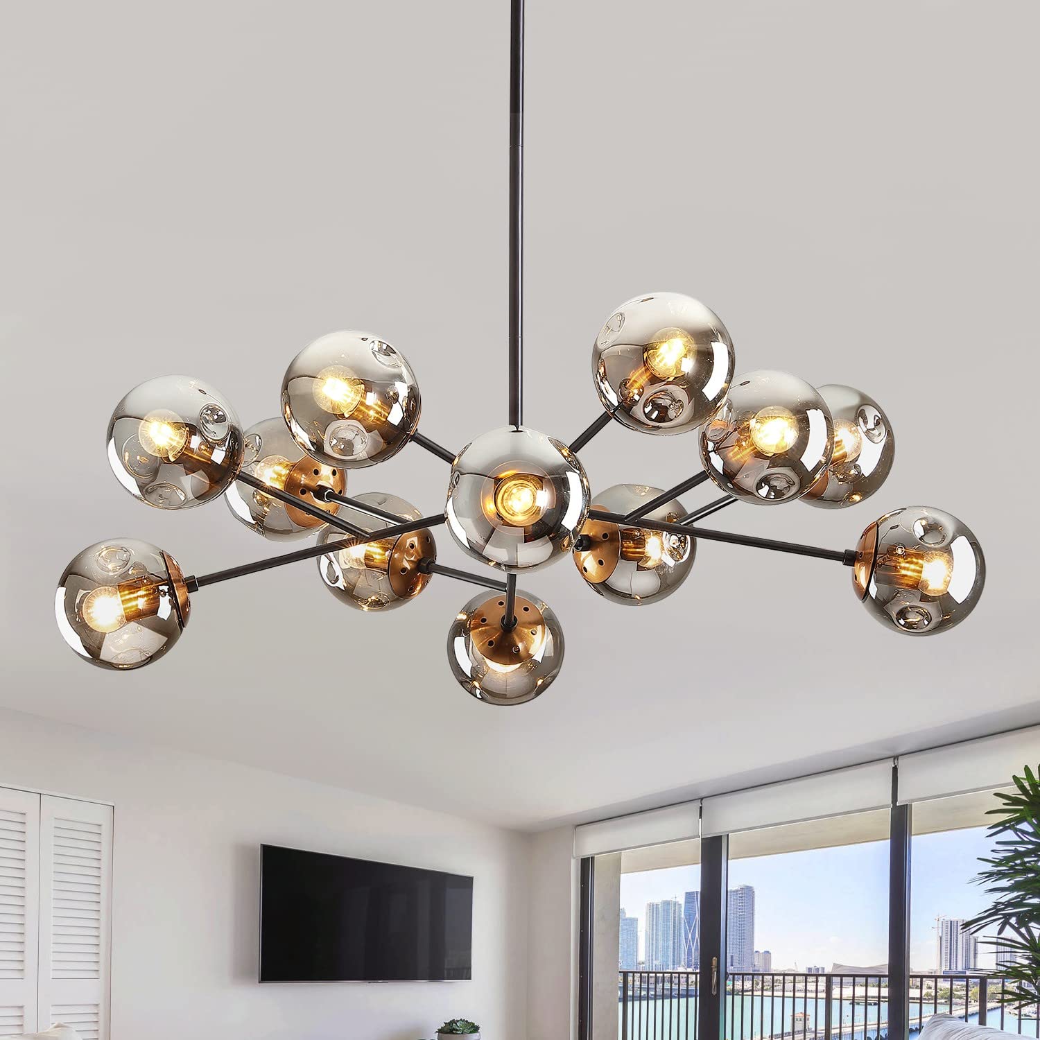 IUEST  Modern Black Chandelier Sputnik Ceiling Light Fixture with 12 Globe Glass Shades for Dining Room Kitchen Living Room Bedroom Office 34 Inch