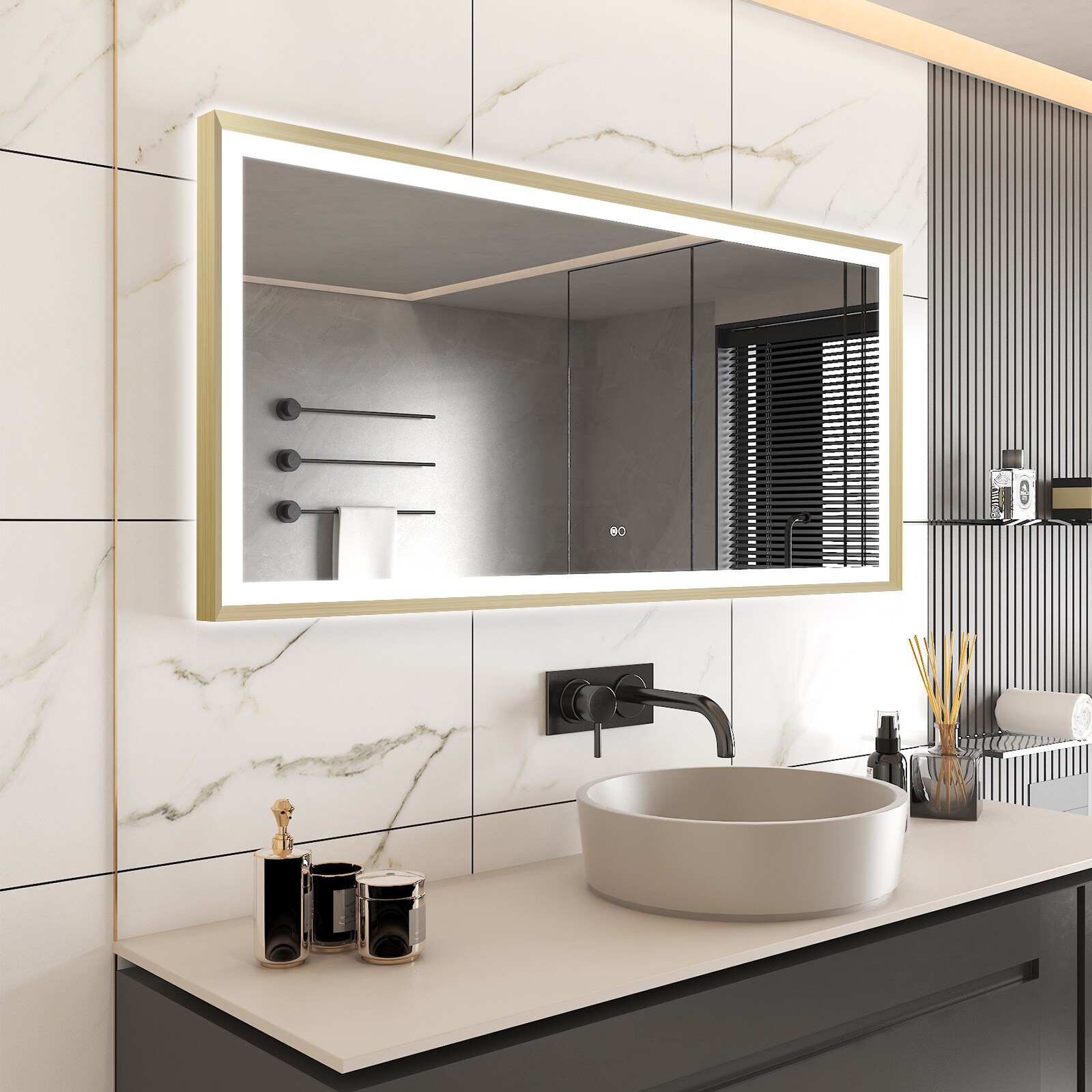 WELLFOR Framed Bathroom Mirror 60-in W x 28-in H LED Lighted Gold ...