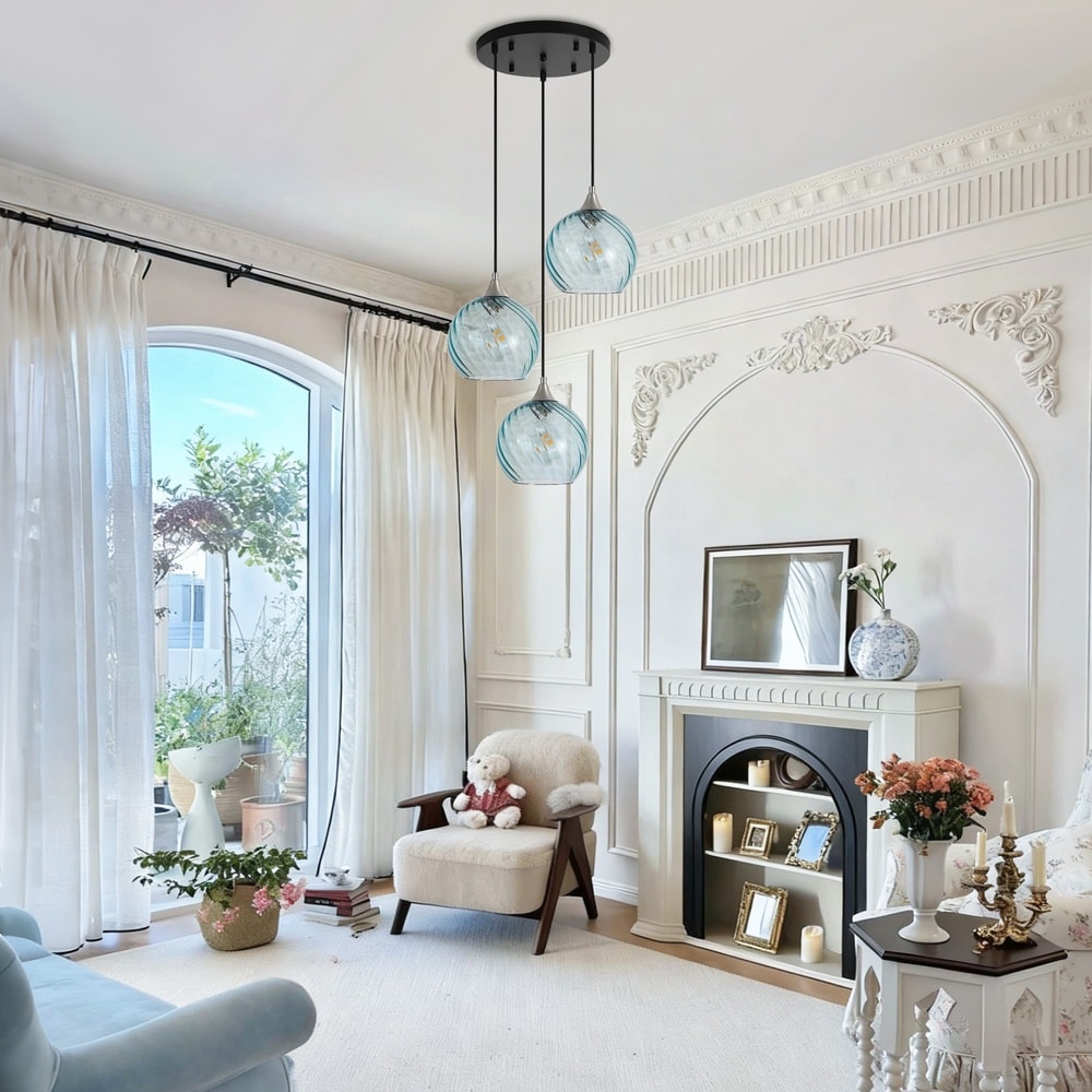 Henveton Kinlea Modern-3 Light Chandelier with Blue Swirled Glass ...