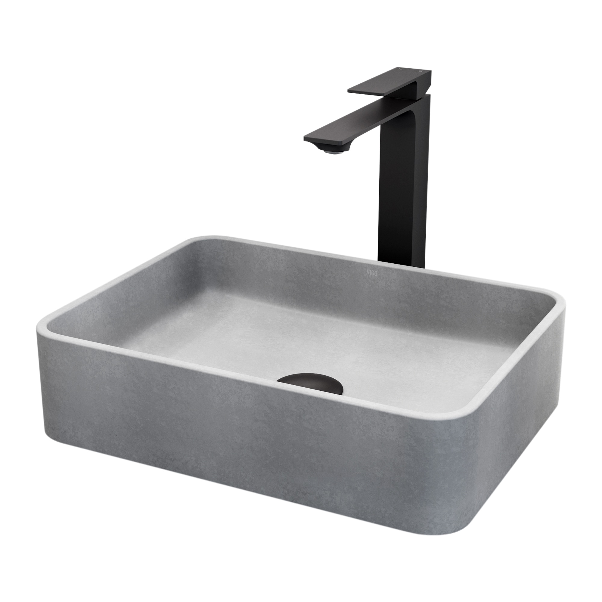 VIGO VGT2086 Concreto Stone Concrete 16 Vessel Rectangular Modern Black Bathroom Sink with Faucet Included with Drain Included