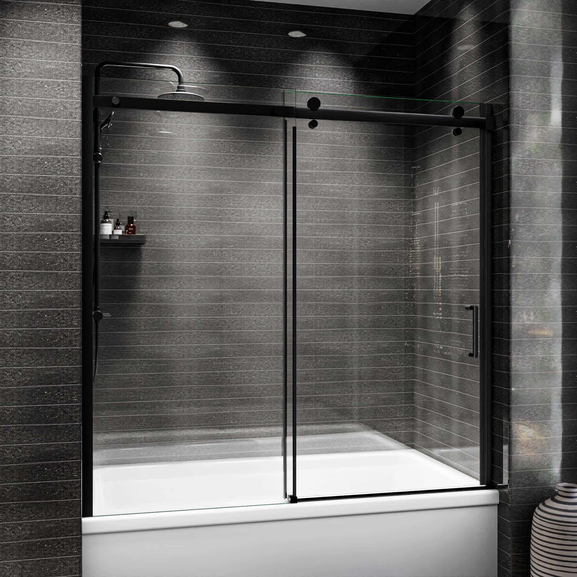 ExBrite Matte Black 56-in to 60-in W x 58-in H Semi-frameless Clear Glass Sliding Shower Door