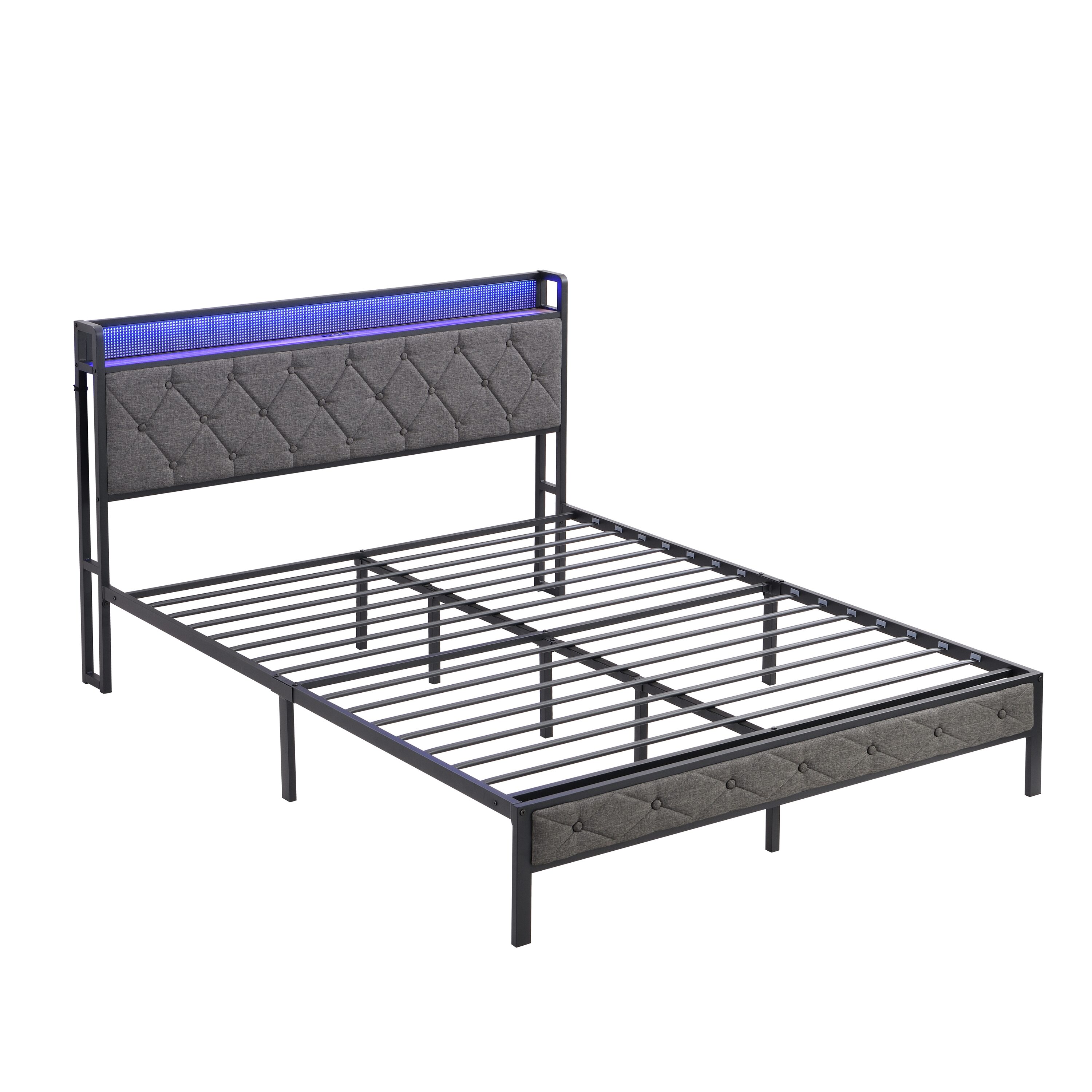 Flynama L-124804 Gray Queen Metal Bed frame Bed with Storage
