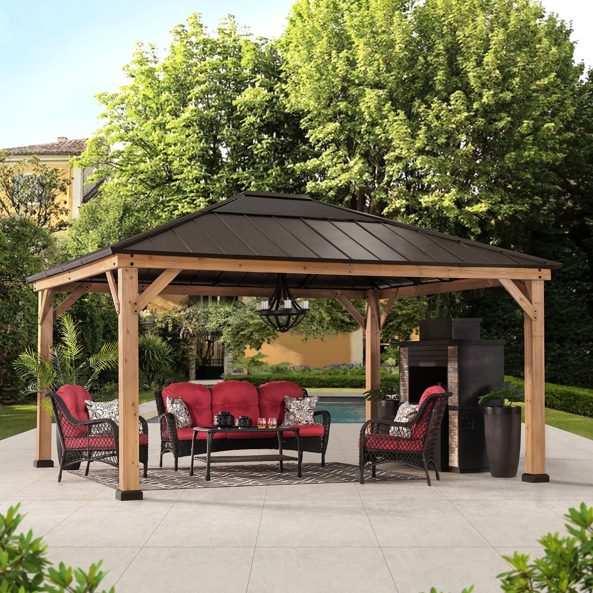 Sunjoy 13-ft x 15-ft Rectangle Brown Wood Steel Roof Gazebo A102007602 ...