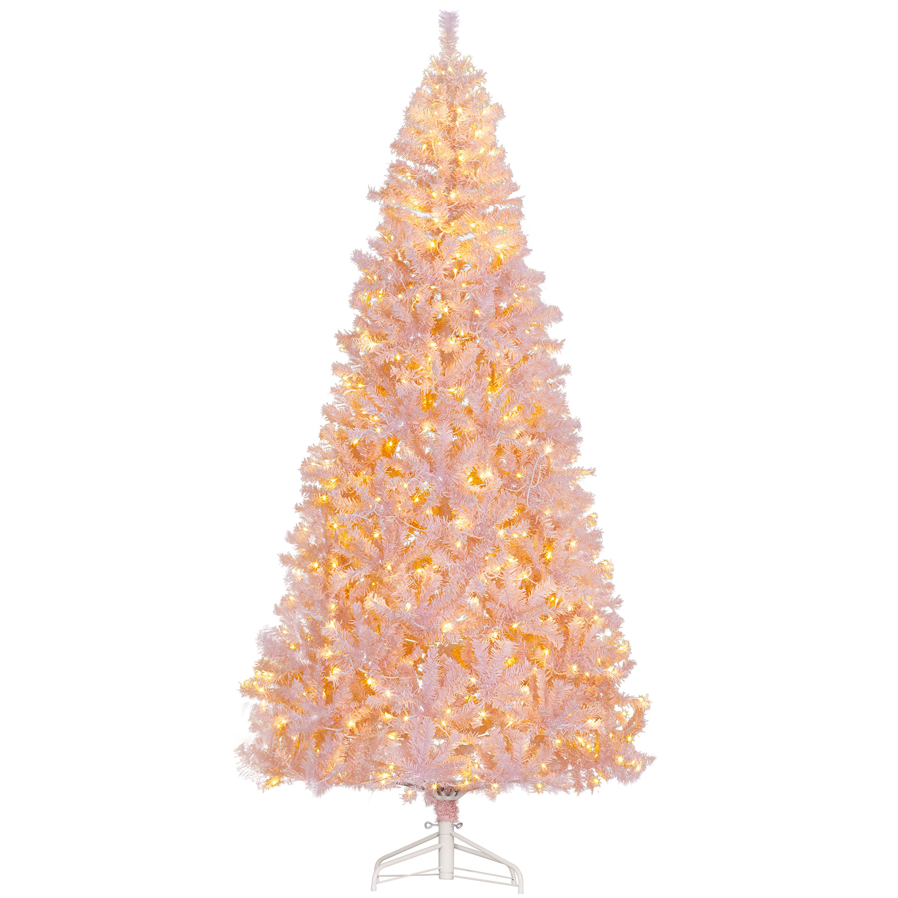 OBERSTER 7.5 Ft Tall Pre Lit Christmas Tree Flocked Artificial Tress 500 Warm White LED Lights 1346 Tips for Party Pink