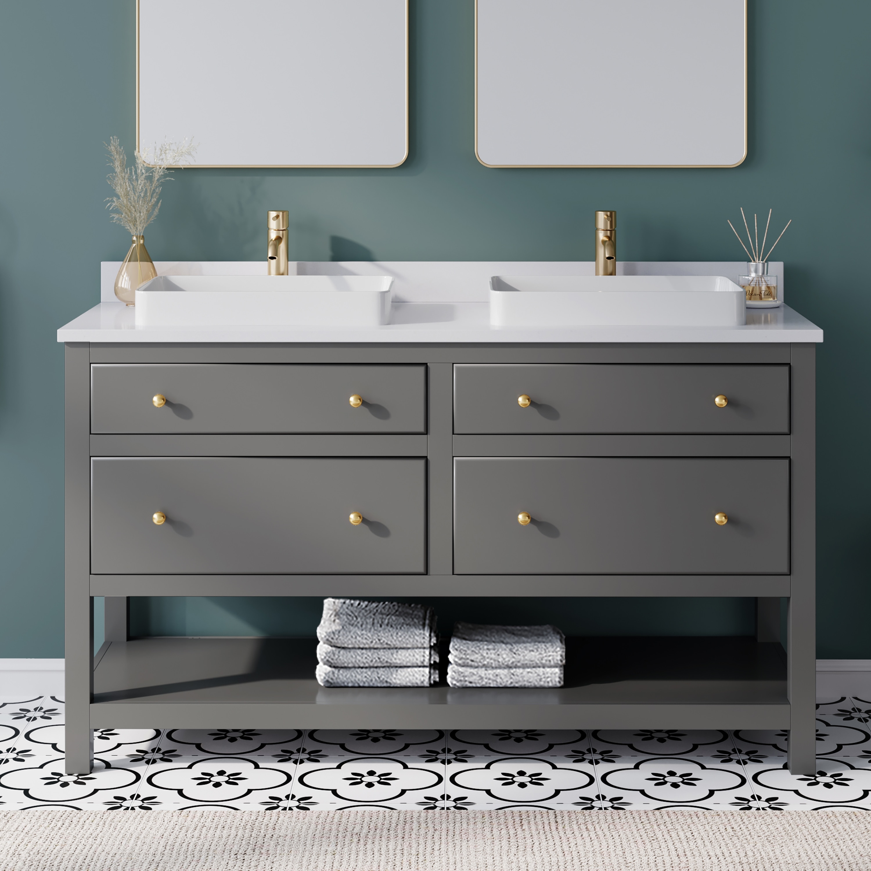 Beal 60-in Gauntlet Gray Semi-recessed Double Sink Bathroom Vanity with White Engineered Stone Top | - Origin 21 L22097-VS60-GG